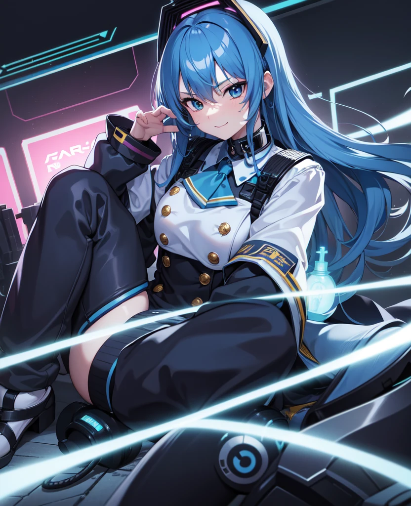 (cyber punk style:1.2), (Japanese cartoon, Cute big breasted hairy human:1), (very long blue curly hair, maam, Detailed faces), (small:1) , lacivious pose, ssmile, tmasterpiece, Best quality, sub surface scattering, Ridiculous resources, gentlesoftlighting, Anti-shading, detailedbackground,Suisei Hoshimachi