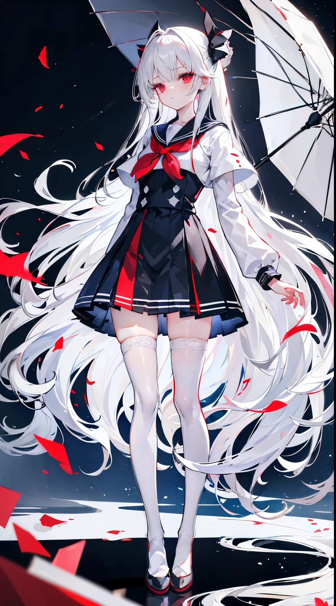 Long layers of silver hair,damaged hair curtain,Crystal red eyes,White short-sleeved sailor suit,a skirt,face expressionless,apathy,Wearing black stockings,Standing on the roof of the school,Holding a crystal blue transparent umbrella,Big-breasted girl