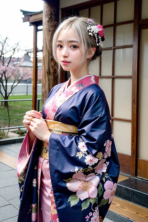 1girl,medium shot,Distant view,(full body),standing,looking at viewer,SONY 30 F/5.6 wearing ornaments on their heads,(kanzashi,Colorful kimono,Pink Kimono,Kimono with gorgeous and elegant designs,highest grade obi,Kimono of Kyo Yuzen,Kimono dyed by Kyotomo,Furisode,Floral pattern in Japanese style:1.5),January,There's a little snow left,Best Quality,4K,8K,hight resolution,masutepiece:1.2,Realistic,tre anatomically correct,Use natural light and color,Ultra-realistic capture, Highly detailed,人間の皮膚のhight resolution16kクローズアップ,Skin texture must be natural, Detailed enough to finely identify pores. Skin should look healthy,fine-grained white skin,(medium breasts),Sharp Focus,In a uniform tone,Ultra-detailed,extremely detailed eye and face,Beautiful detailed eyes,Beautiful detailed lips,long eyelashes,Photorealistic:1.37,japanes,beautiful and magnificent composition,masutepiece,Attractive,Cute,silky smooth hair,light smile,with round face,(Silver hair color),