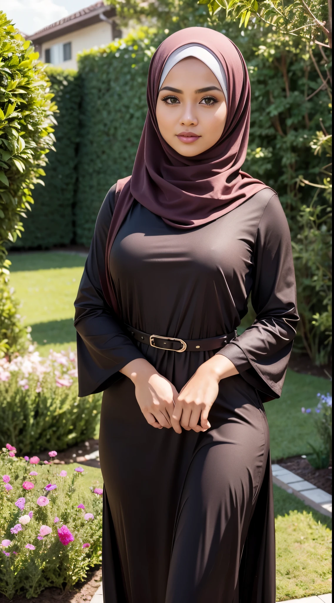 A beautiful Asian girl in a long hijab with tight and clearly visible breasts, With dark colored clothes, Is hugging herself , and good quality images