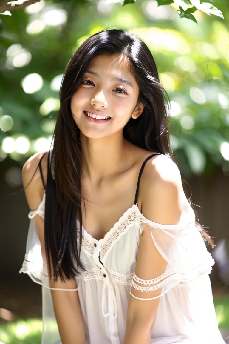 early summer、tanned beautiful girl、sixteen years old、Open your mouth a little、Black hair straight long hair、White summer dress、sheer summer cardigan、
