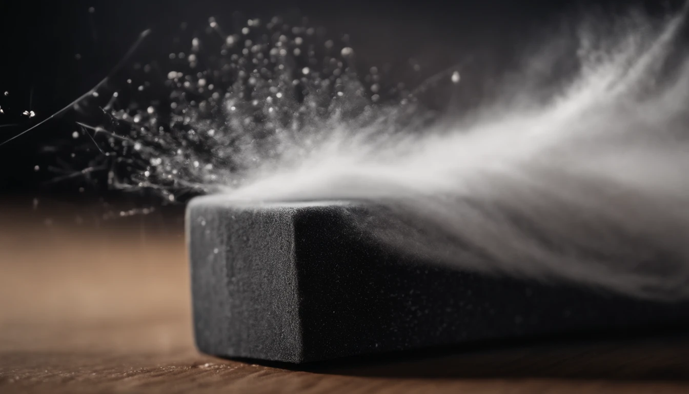 a detail shot of a blackboard eraser in motion, capturing the dynamic movement of chalk dust particles and the texture of the eraser material