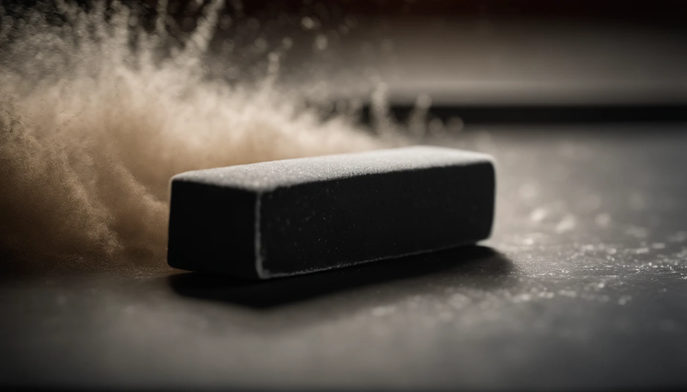 a detail shot of a blackboard eraser in motion, capturing the dynamic movement of chalk dust particles and the texture of the eraser material