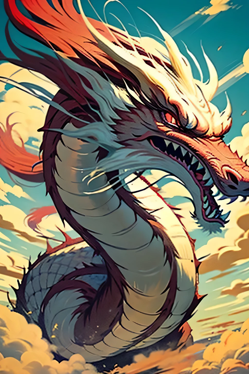 Best quality, tmasterpiece, 超高分辨率, Non-human, (long: 1.2), day空, red eyes, cloud, scute, Dark Eastern Dragon, with her mouth open, 锋利的teeth, fei, Bania, teeth, day, Jawpaw Pawang, 蓝day