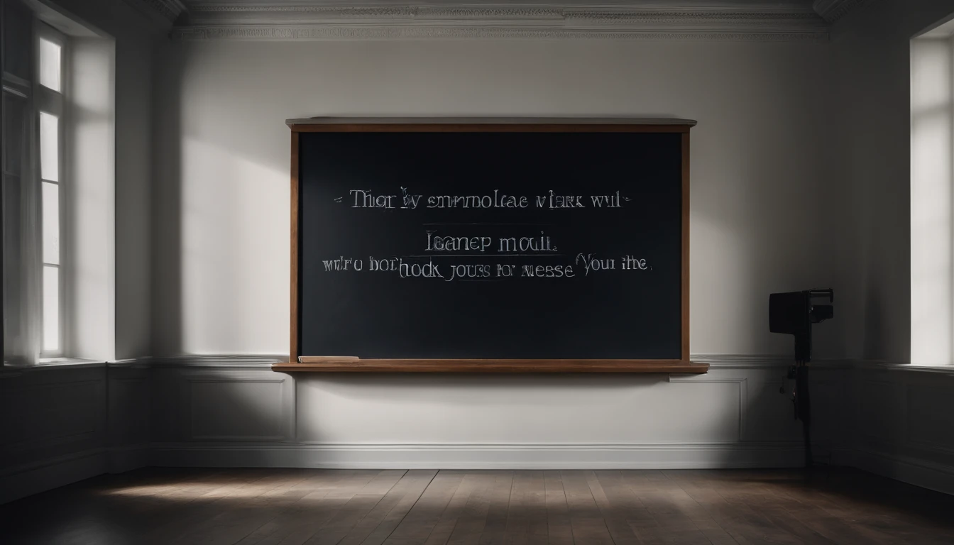 a minimalistic shot of a blackboard with a single, bold quote or message written in elegant typography, against a clean white or monochromatic background