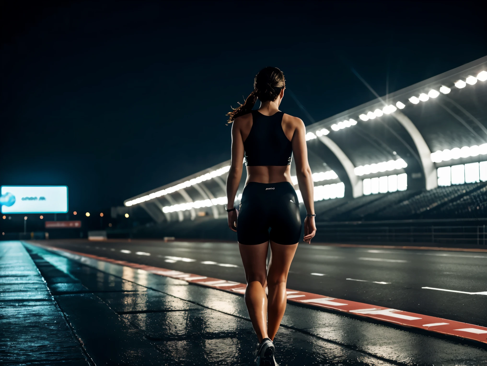 full body shot, view from low angle, A tall and fit European woman running on a racing track, rain, wet, night, dark, extremely realistic, hyperdetailed, masterpiece