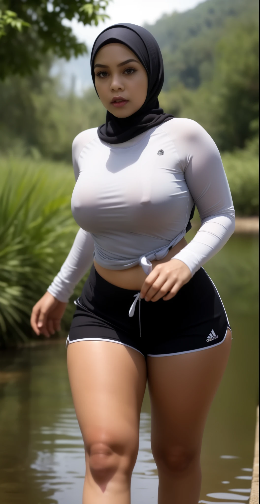 ((HIJAB MALAY GIRL)), ((BBW)), SHORTS, HUGE WIDE BUTT, WIDE BUTT, 63 YEAR OLD METURE women's, METURE women's, (ROSE LIPS), (ADIDAS SNEAKERS), (TIGH SKIRT), walking in style on a Village river, (ANGRY FACE EXPRESSION), TRANSPARENT, STAYING, THICK FOG. FOGGING,