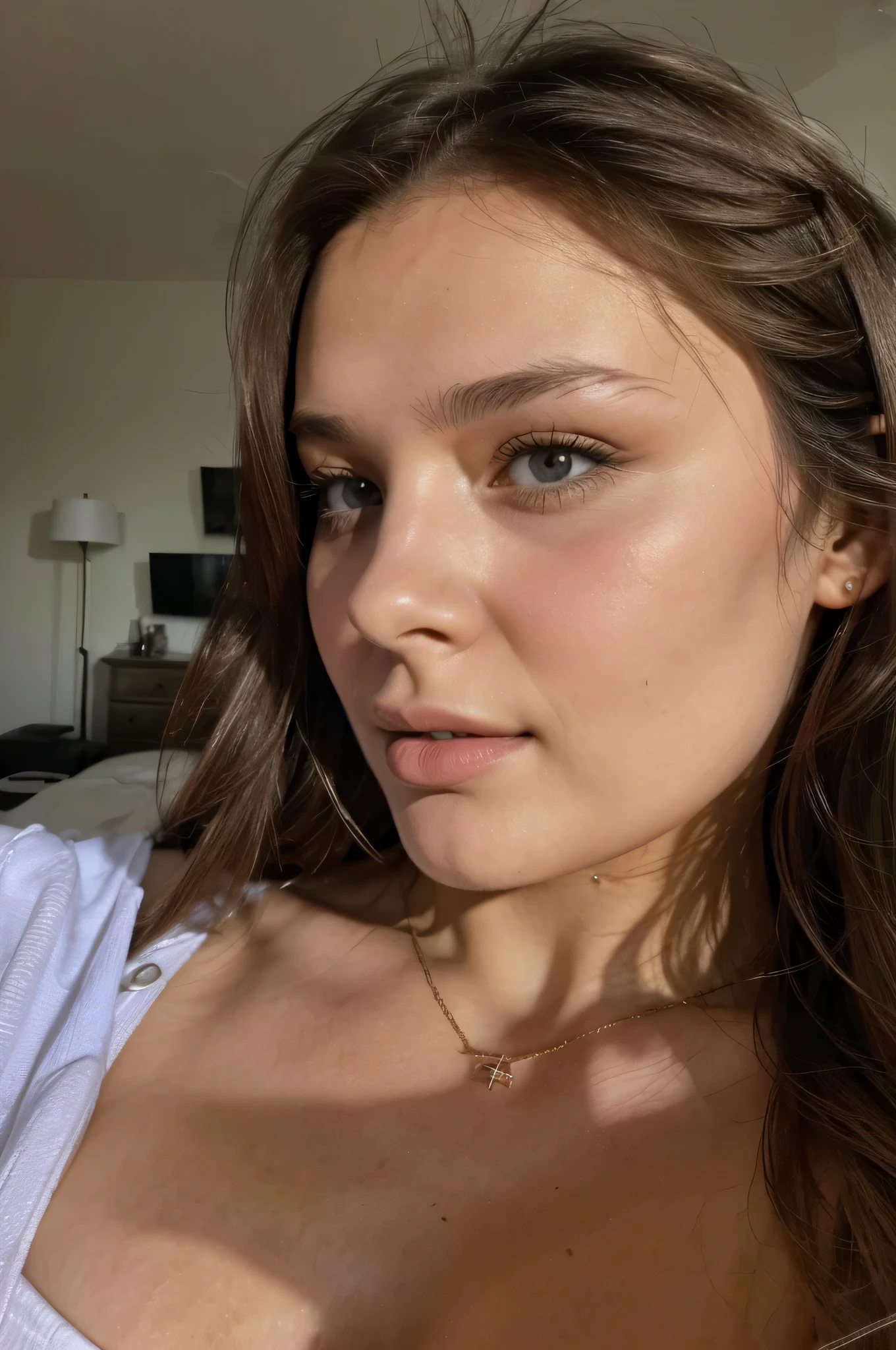 ((best quality)), ((Meisterwerk)), (Detailliert), Perfektes Gesicht, 1.1, Hochdetaillierte Gesichts- und Hautstruktur, Detaillierte Augen, brown eyes, brown colored eyes, cute makeup, Anastasia 24 year old russian, laying in bed selfie, brandy melville fashion, cute top