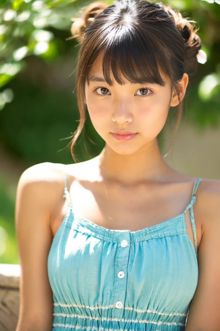 tanned beautiful girl、early summer、Provence region、japanes、wearing a summer dress、18year old、With bangs、Bun hair、