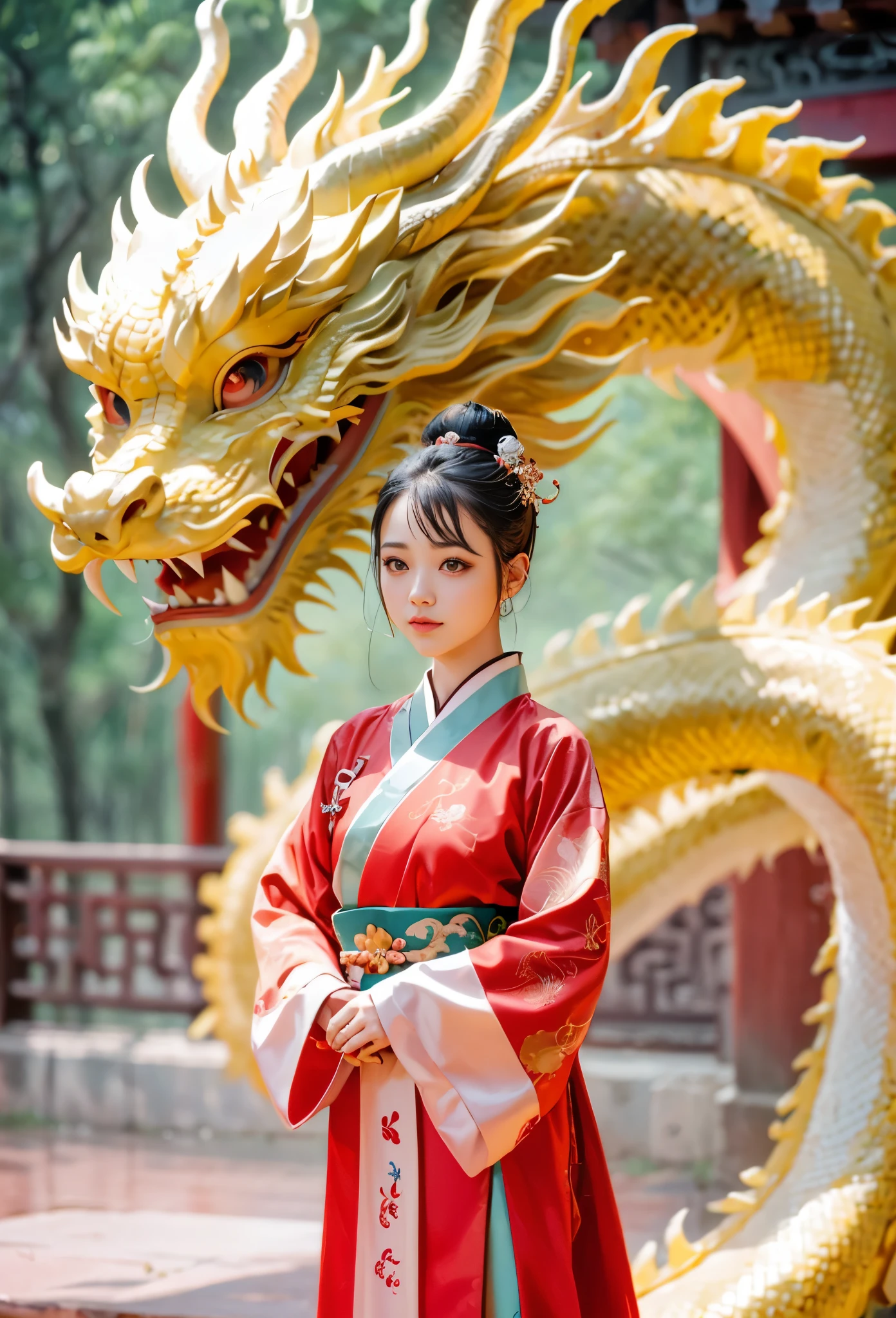 A cute Chinese girl,Standing next to the Chinese dragon,Red Chinese traditional costume,Double ball hairstyle,Dragon in the background, rainbowing,a hologram,masterpiece,UHD, 8K, ultraclear,