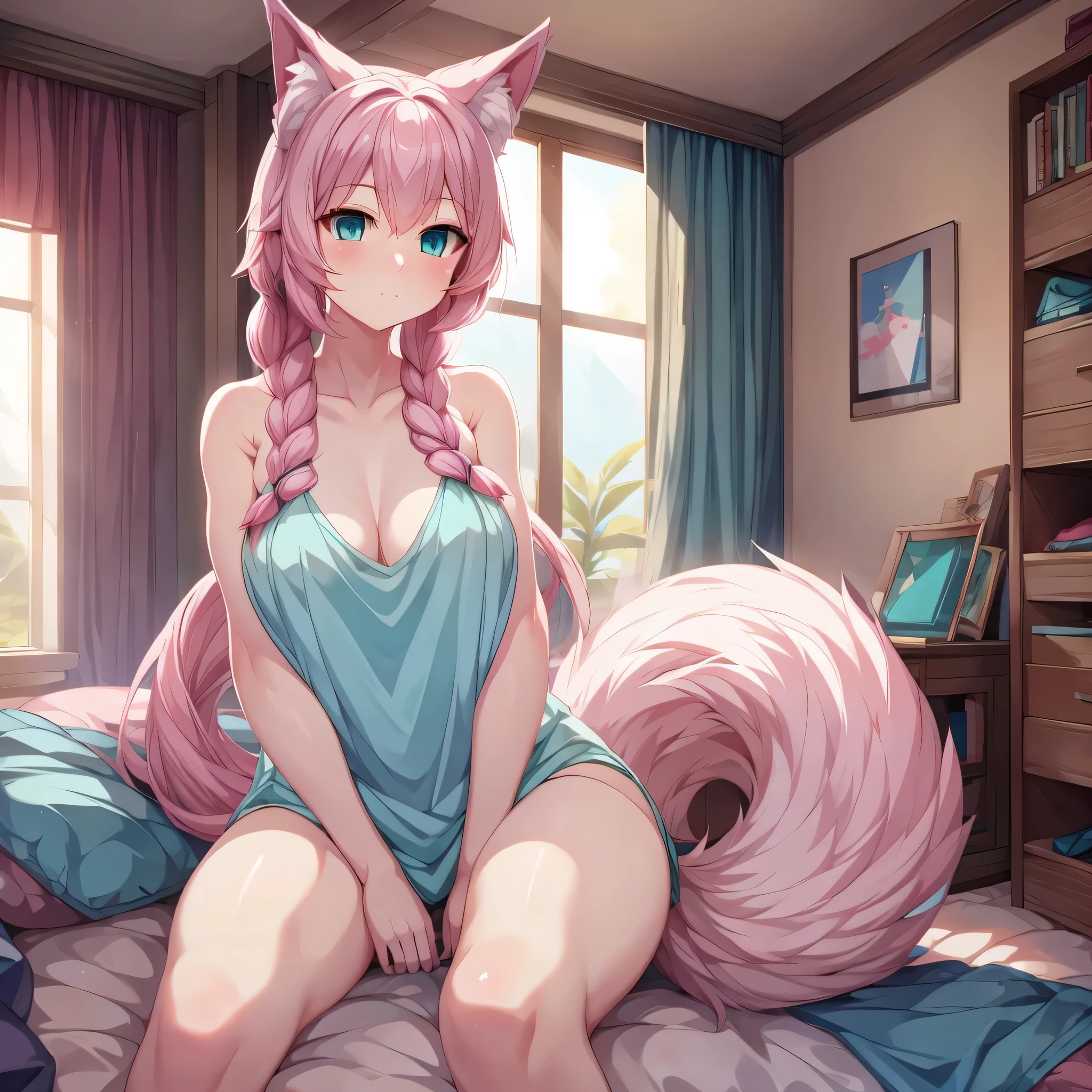 (Masterpiece) (High Detail) (High Res) A short petite humanoid girl with pale human skin and bright turquoise-coloured eyes and long pink hair in a braid and large fluffy pink dog ears and a big fluffy pink dog tail and average breasts. She is alone in her bedroom. Pink hair.