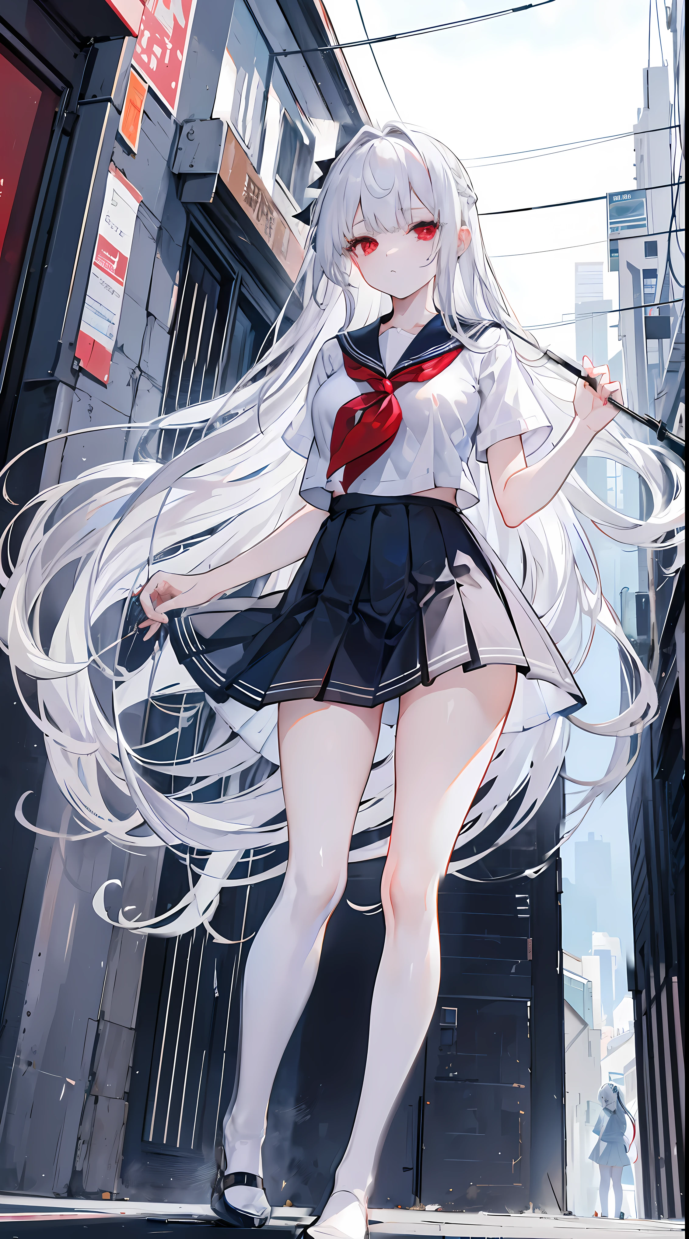 Long layers of silver hair,damaged hair curtain,Crystal red eyes,White short-sleeved sailor suit,a skirt,face expressionless,apathy,Wearing black stockings,On the roof of the school,Holding a crystal blue transparent umbrella,Big-breasted girl