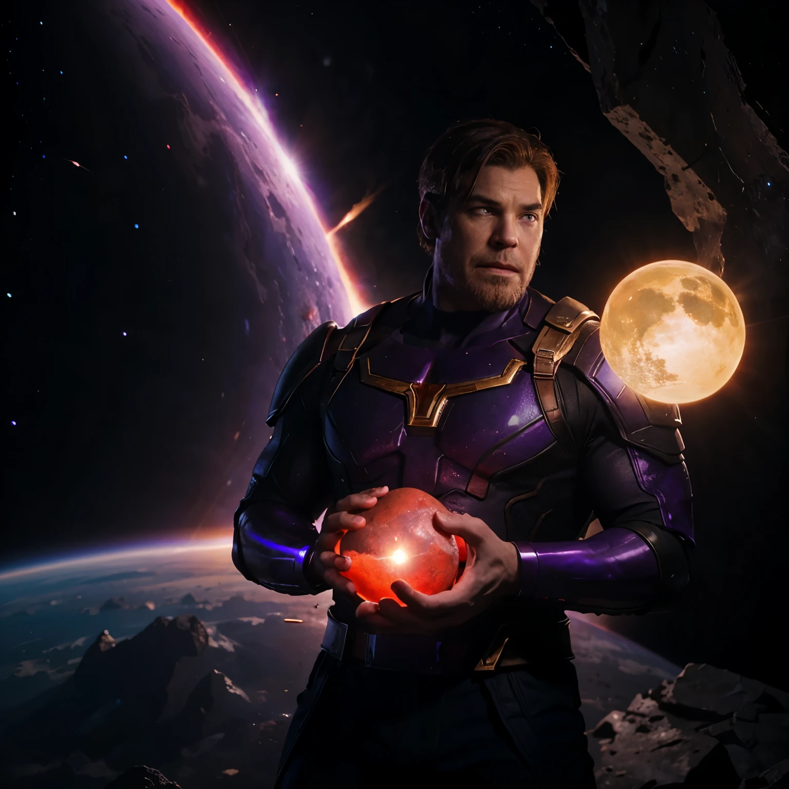 Thanos holding a glowing red rock in space