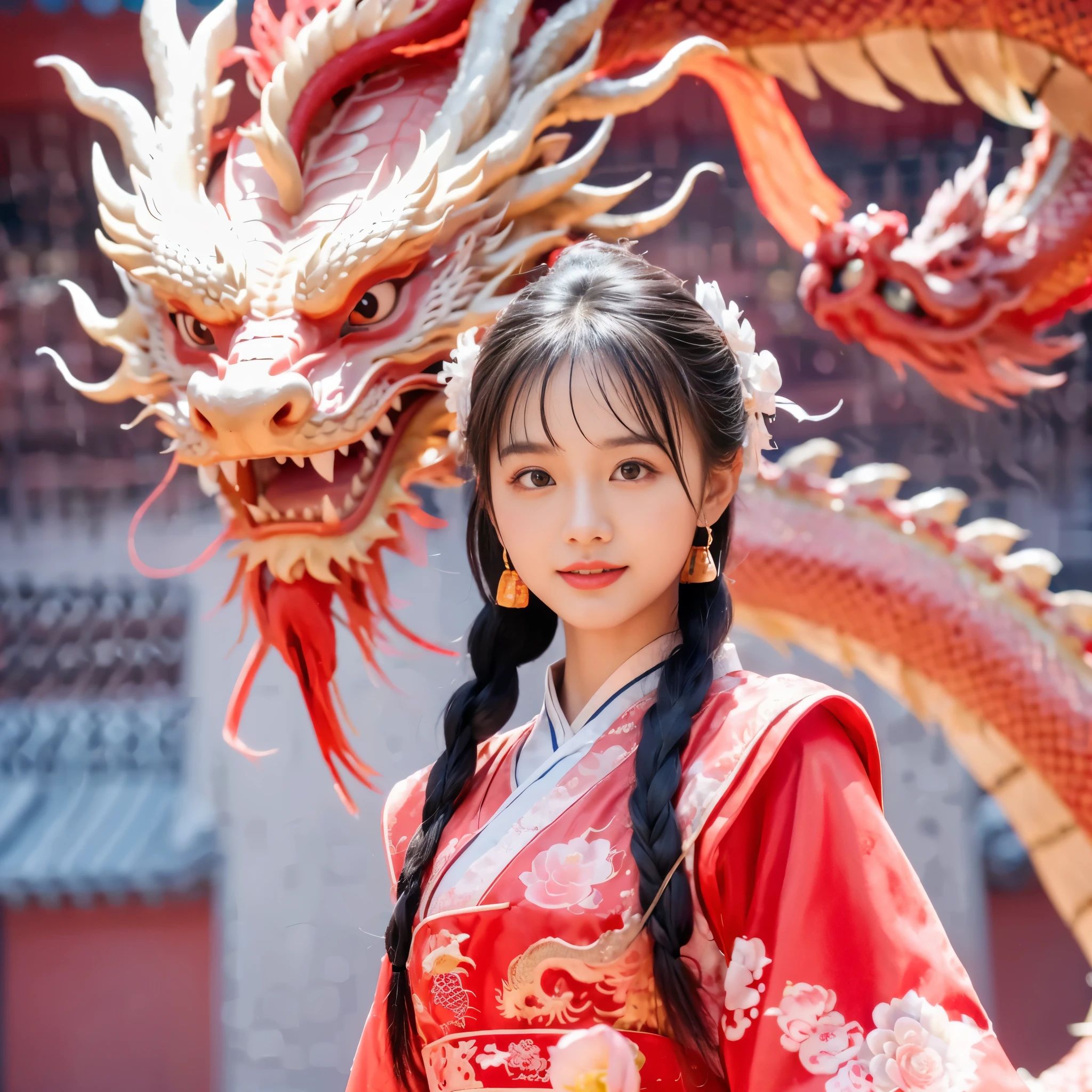 A cute Chinese girl,Standing next to the Chinese dragon,Red Chinese traditional costume，Double ball hairstyle，Dragon in the background, rainbowing，a hologram，masterpiece，UHD, 8K, ultraclear，