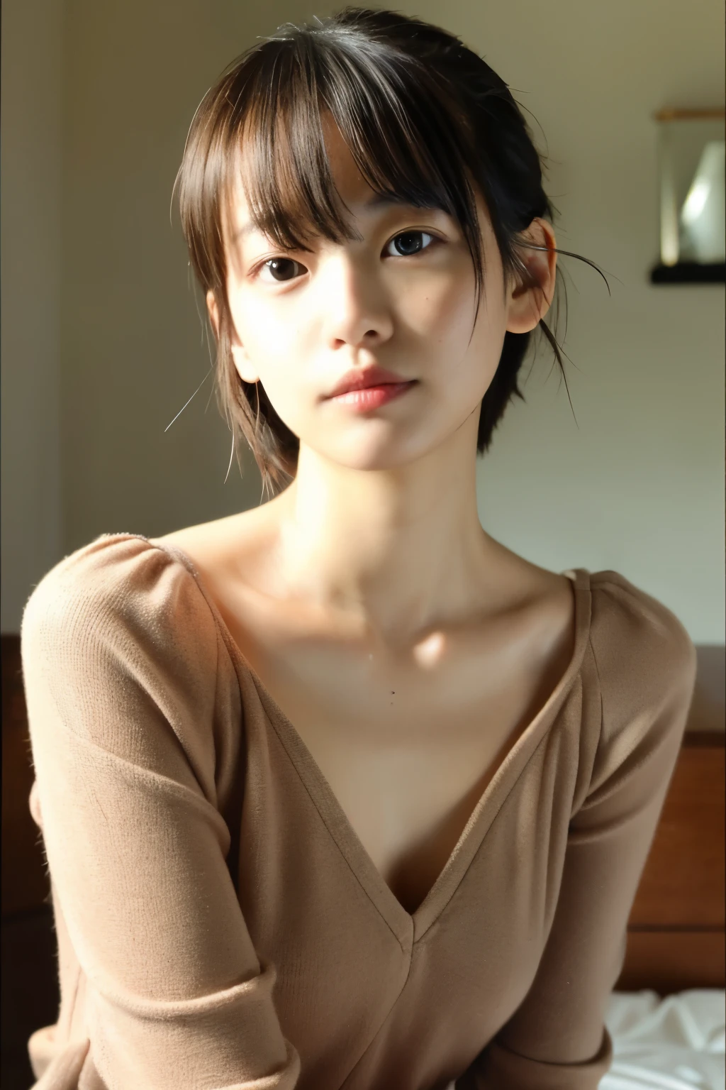 (masterpiece:1.3), (8K, Photoreal, Raw photo, best image quality: 1.4), Japanese high school girl、(random hairstyle:1.2)、cleavage:1.2、super detail face、eye for details、double eyelid、chest to chest、sharp focus:1.2、Beautiful woman:1.4、light brown hair、highest quality、masterpiece、Super high resolution、(Photoreal:1.4)、Highly detailed and professionally lit smiles、loose and light knitwear、shoulder out、thin、serious expression、short haired、deadly position、pants