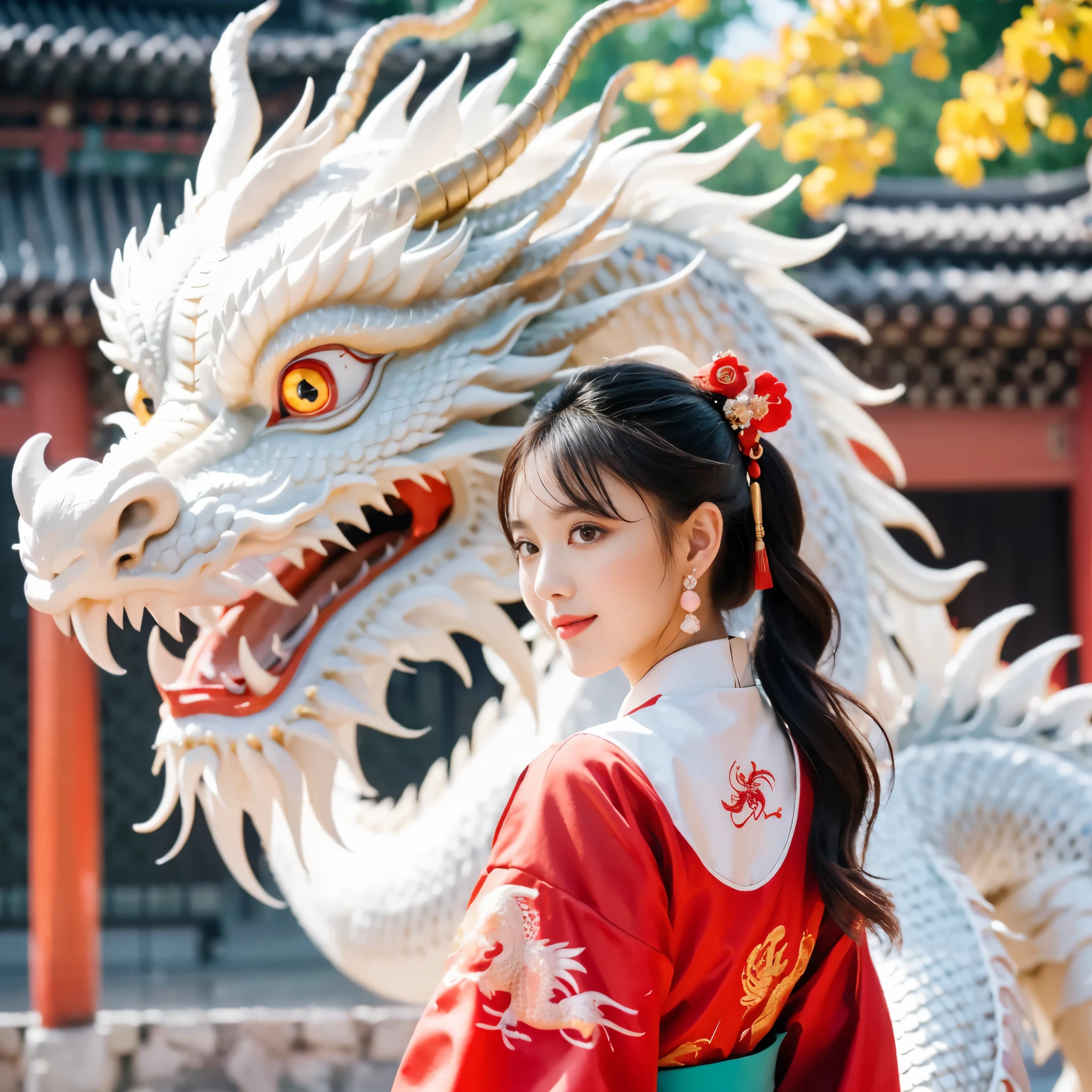 A cute Chinese girl,Standing next to the Chinese dragon,Red Chinese traditional costume,Double ball hairstyle,Dragon in the background, rainbowing,a hologram,masterpiece,UHD, 8K, ultraclear,