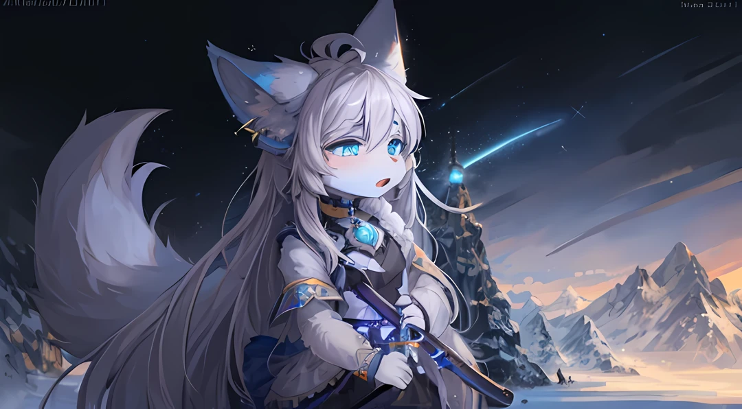 (Vibrant Eyeaster ttmasterpiece:1.3), (Interesting stuff:1.3), (Best quality:1.3), (ultra - detailed:1.3),(The best shadow:0.7), (Hair care), ( eBlue eyes:1.1), perfect anatomia, Alone, shaggy,white fox, starryskybackground, best anime 4k konachan wallpapers,, detailed digital anime art, (()), ((White hair,White hair,white clothes,employee)), ((adorable expression),shaggy,Long gray hair, eBlue eyes, glowing light eyes, snowfall, midynight, fox ear, blue ear, 狐狸end, Dark blue fox,,, collars, 两条end, space katana, , the body of the,The lower body is, Snow fox, peculiarity, ttmasterpiece, shaggy'end,九条end,girl,(Delicate face 1.3),a skirt,snowy mountain background,with her mouth open,extremely cute,blue flat paint,ear ?????? ring,tattoo two, magia,precious stones,4K video,hyper HD, retinas, tmasterpiece, Acura, Anatomically correct, ctextured skin, high detal, super detailing, high high quality, Award-Awarded, Best quality at best, Expert perspective,16k