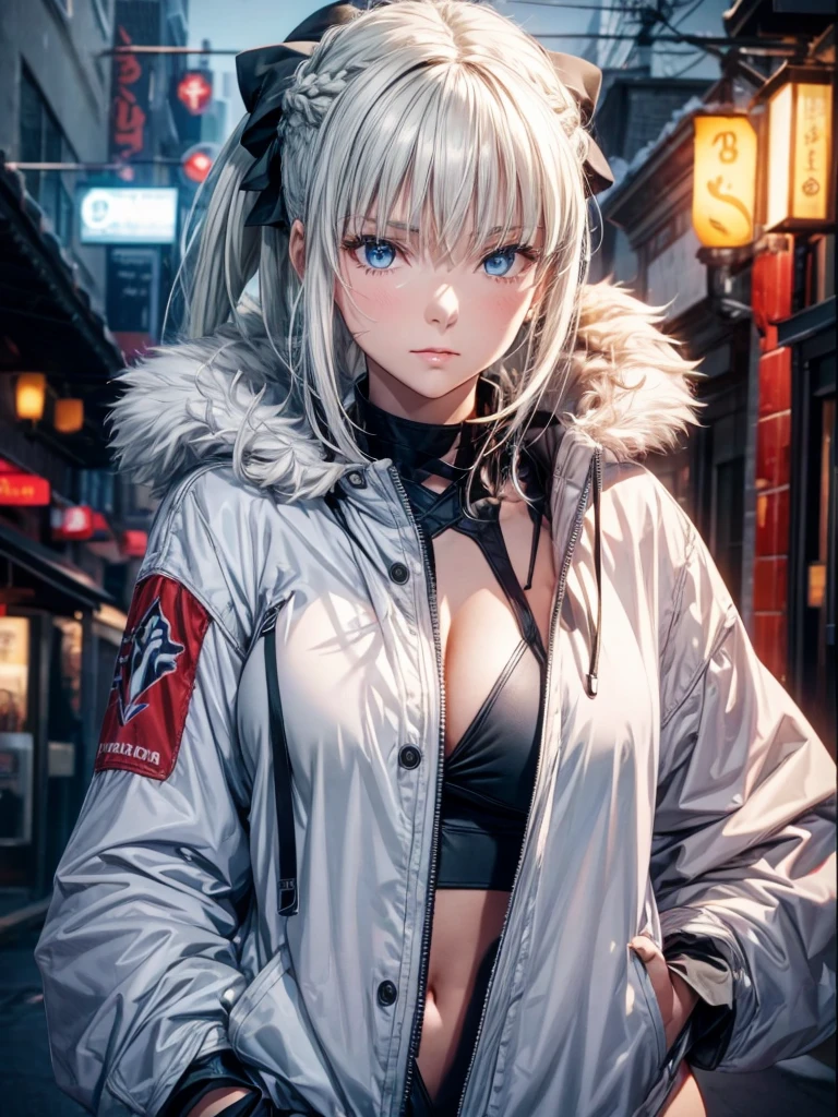 (Enrich the picture,Masterpiece level quality)Beautiful 8K CG artwork,1girl,solo,morgan le fay (fate),detailed face, perfect face, perfect eyes,blue eyes,Long Hair, pony tail,Very long hair, big boob, black bow,Hair Bow, thights,side locks, French braid, grey hair,chuckle,Slim and soft,big breasts,Black Bikini,denim short shorts,city camouflage military jacket,hands in pocket,combat boots,