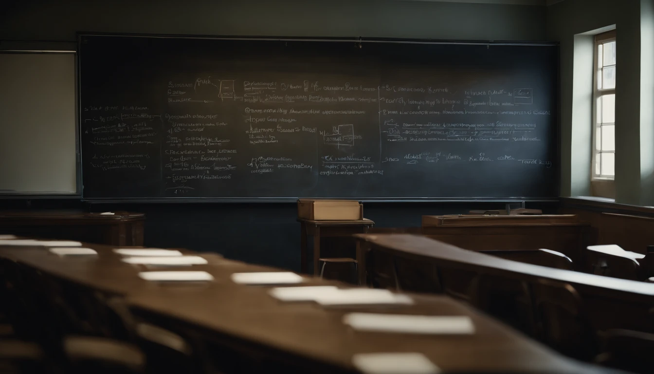 a high-angle shot of a blackboard in a classroom or lecture hall, filled with neatly written notes or diagrams, showcasing the organized and structured learning environment