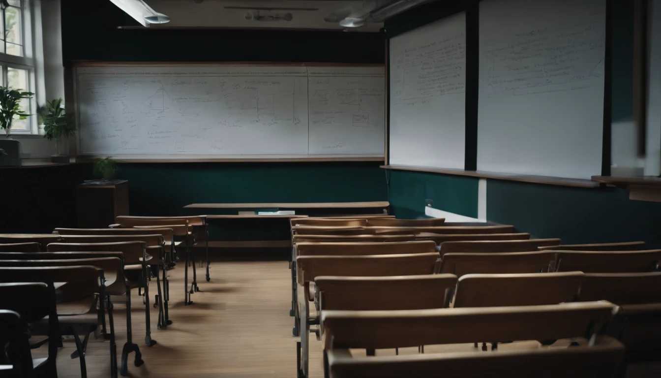 a high-angle shot of a blackboard in a classroom or lecture hall, filled with neatly written notes or diagrams, showcasing the organized and structured learning environment
