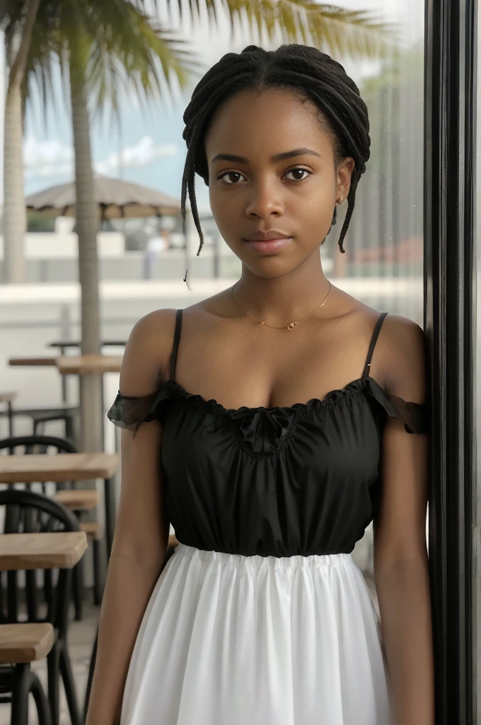 Masterpiece, Best quality, (photo sombre: 1.hotoréaliste, 1fille noire, Antilles, Stunning innocent symmetrical face, chemise, emotional, Orchan, (pureerosface_v1:0.7), En buvant du café, Equal, Pluie, reflecting light