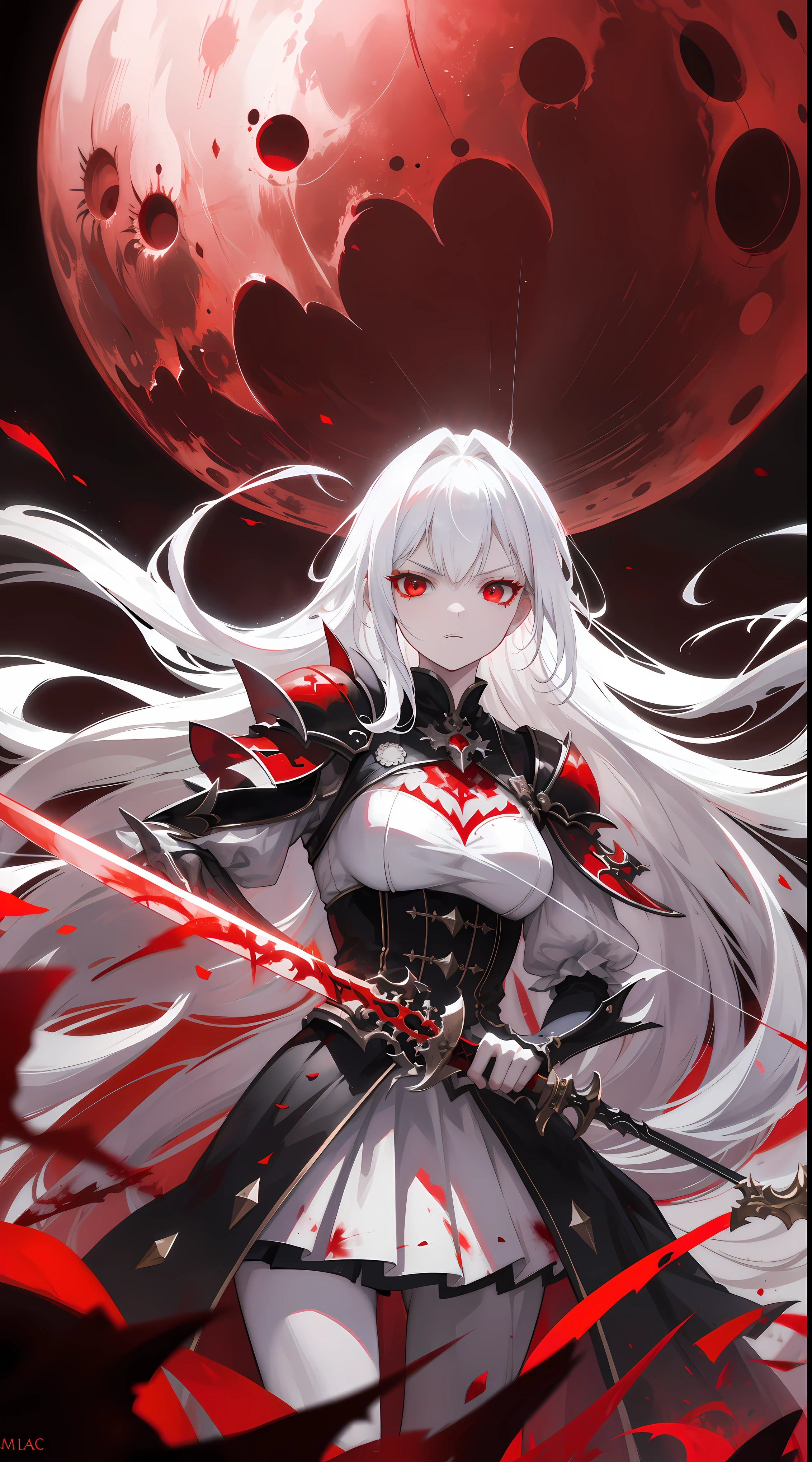 Blood Moon,Long white hair，Beutiful women，A long sword in hand，The expression is cold，hyper realisitc, anaglyph, stereograms, Atmospheric perspective, Action painting, in a panoramic view, 8K, super detailing, Best quality, hyper HD, ctextured skin, high high quality