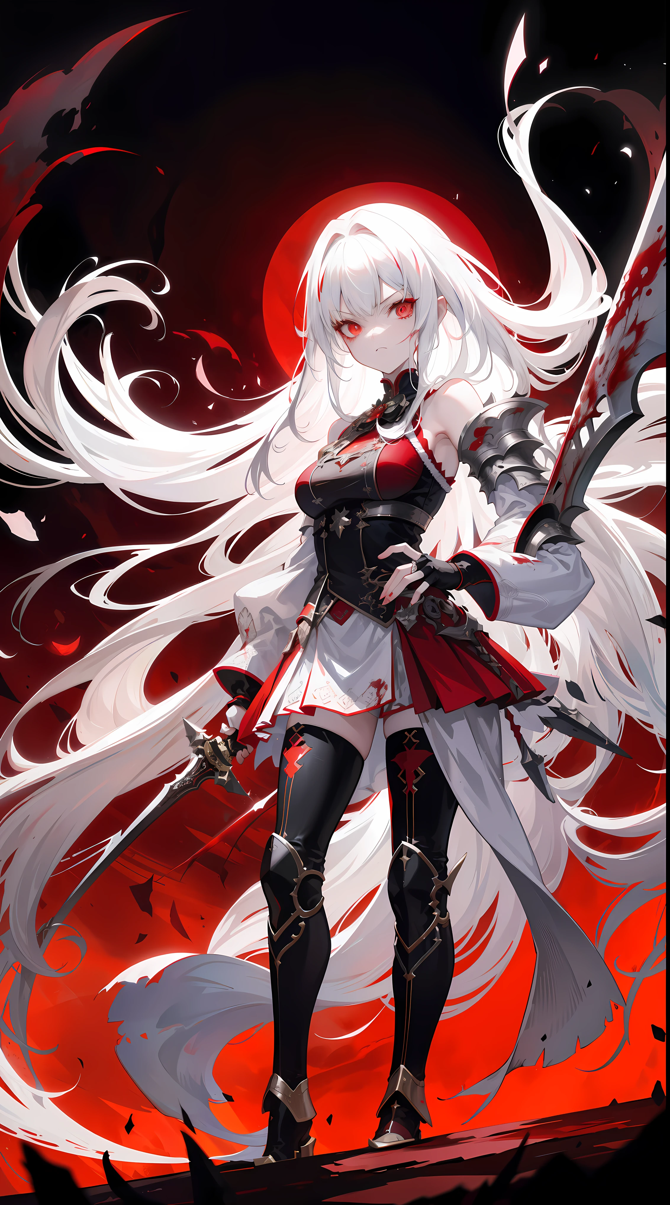 Blood Moon,Long white hair,Beutiful women,A long sword in hand,The expression is cold,hyper realisitc, anaglyph, stereograms, Atmospheric perspective, Action painting, in a panoramic view, 8K, super detailing, Best quality, hyper HD, ctextured skin, high high quality