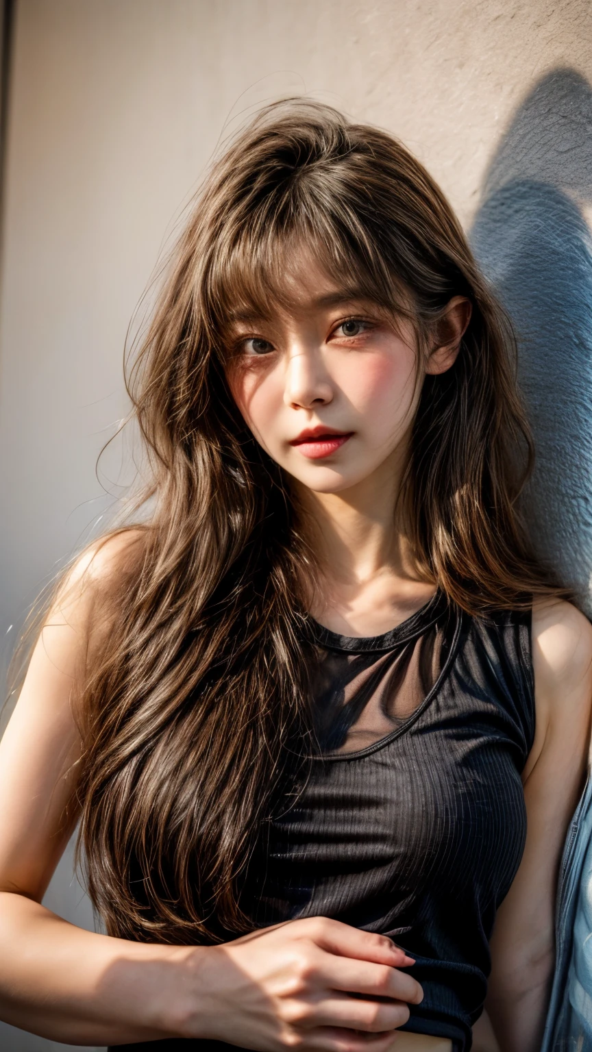 masterpiece、8K、32K、top-quality、(A detailed eye)、(A cute Japanese woman、bangss:1.3)、23years old、1 girl in、elegent、(White concrete wall)、black tank-top