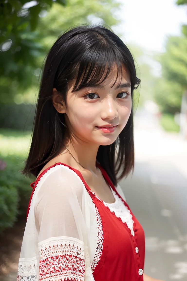 early summer、tanned beautiful girl、sixteen years old、Open your mouth a little、Black Hair Straight Short Hair、red summer dress、white sheer summer cardigan、