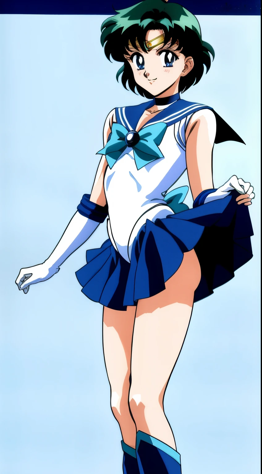 Top Quality Anime Art、​masterpiece、high definition anime art、アニメstyles4K、hight resolution、Boy standing、Very short blue-haired boy、Blue-eyed boy、Golden Circlet、耳环、solo、Sailor Senshi Uniform、white glove、elbowgloves、Blue choker、Blue Heeled Boots、White leotard、highleg leotard、robe blanche、Blue sailor collar、Sky blue bow tie、a miniskirt、pleatedskirt、a blue skirt、a smile、bare upper arm、bare legs、Hymns to the King as a Prince, an retro anime image、full-body close-up shot、Anime. Rogue Anime Boy、Soft lighting、(1990's\(styles\)0.9)、