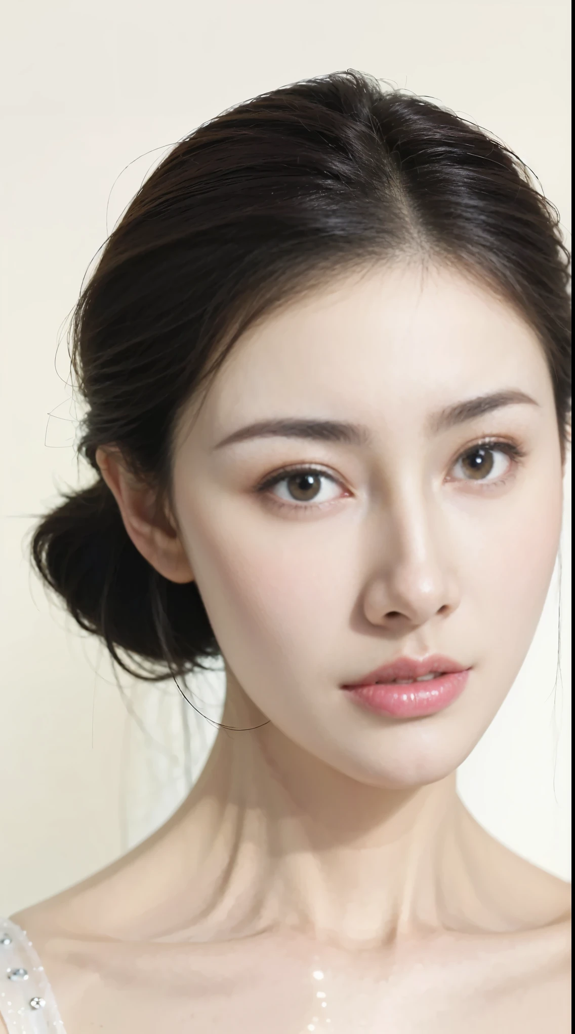 1 lady, updo-hairstyle, (Ultra actual, A high resolution), (highly detail eyes, Highly delicate hair, The face is very detailed, Highly detailed plump lips), (cropped shoulders、lying open, The upper part of the body, Cautious smile, (Close-up of the face:1.4),(Best quality at best:1.4), RAW photogr, (actual, photo-actual:1.37), professional photoshooting, 电影灯光, (delicated face: 1.2),
