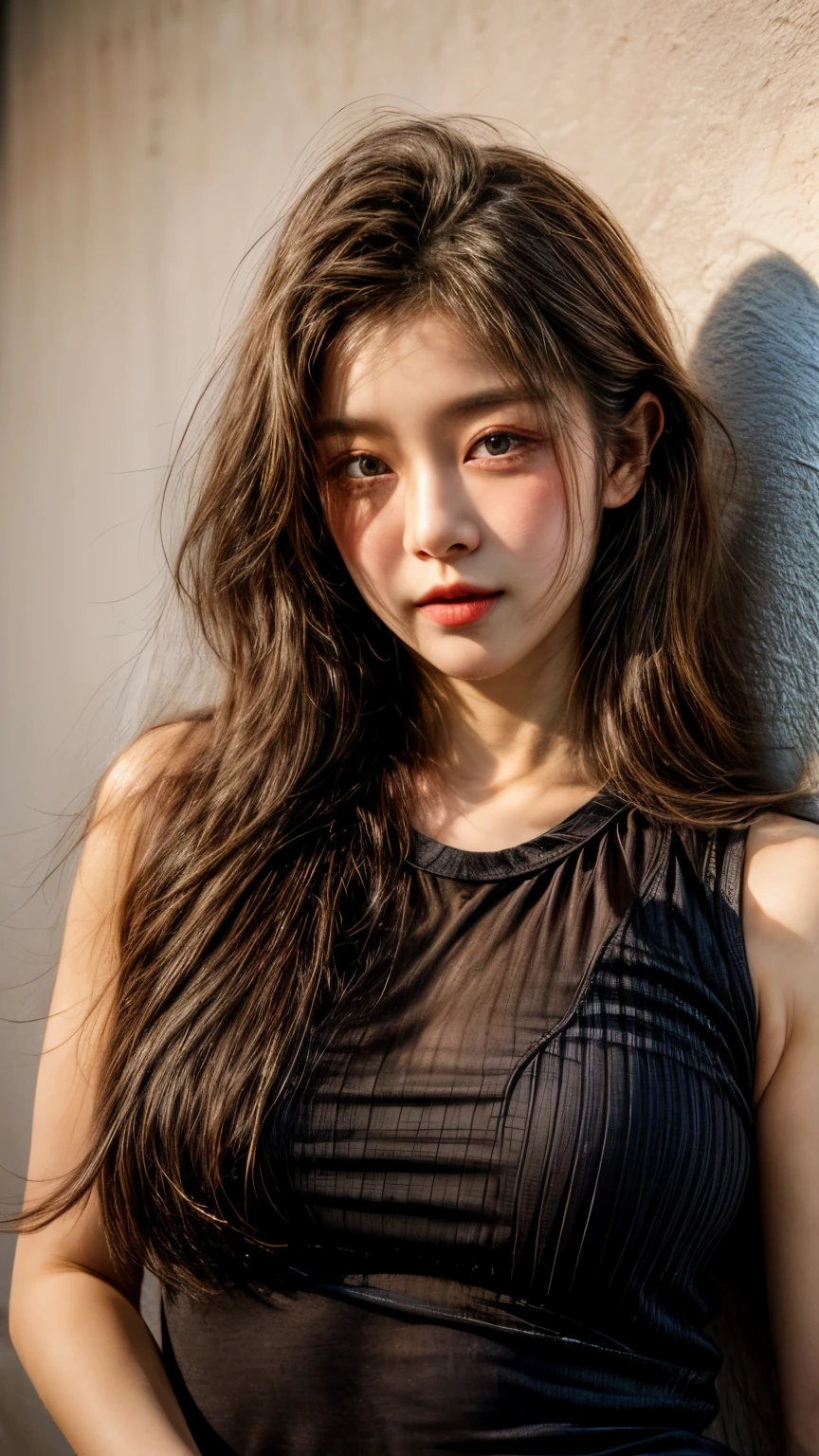 masterpiece、8K、32K、top-quality、(A detailed eye)、(A cute Japanese woman、bangss:1.3)、23years old、1 girl in、elegent、(White concrete wall)、black tank-top