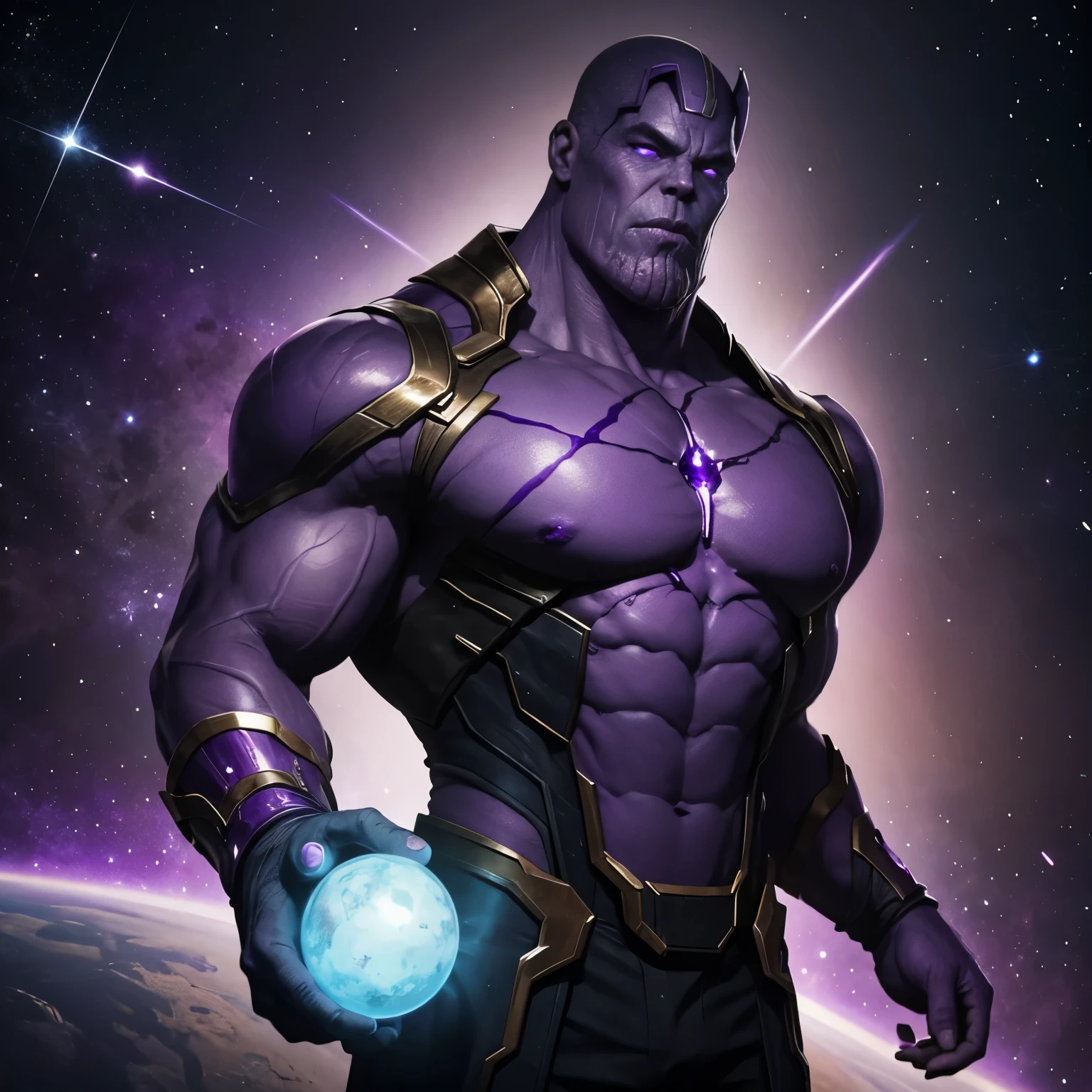 Thanos with purple skin holding a glowing purple stone in space