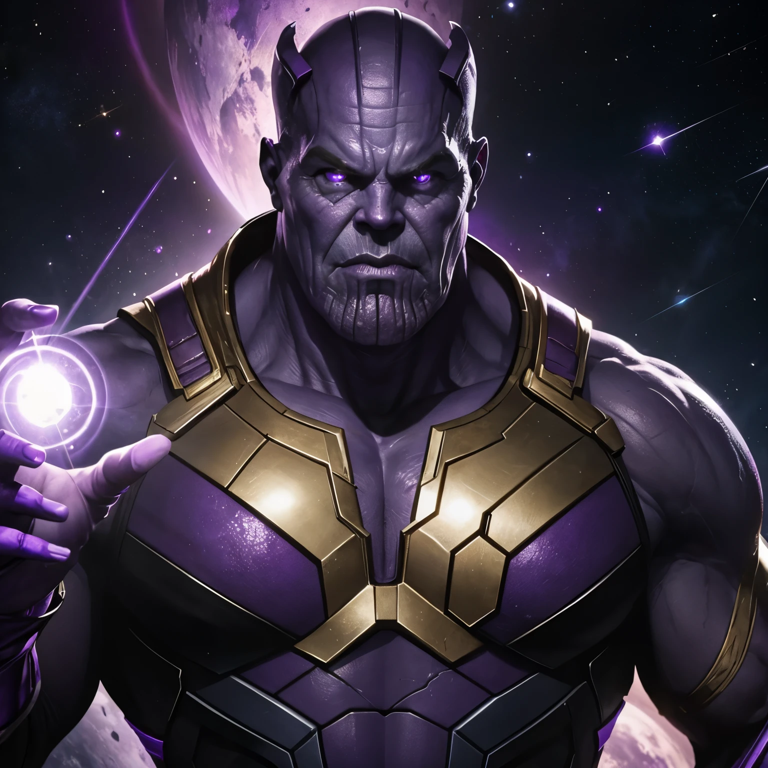 Thanos with purple skin holding a glowing purple stone in space