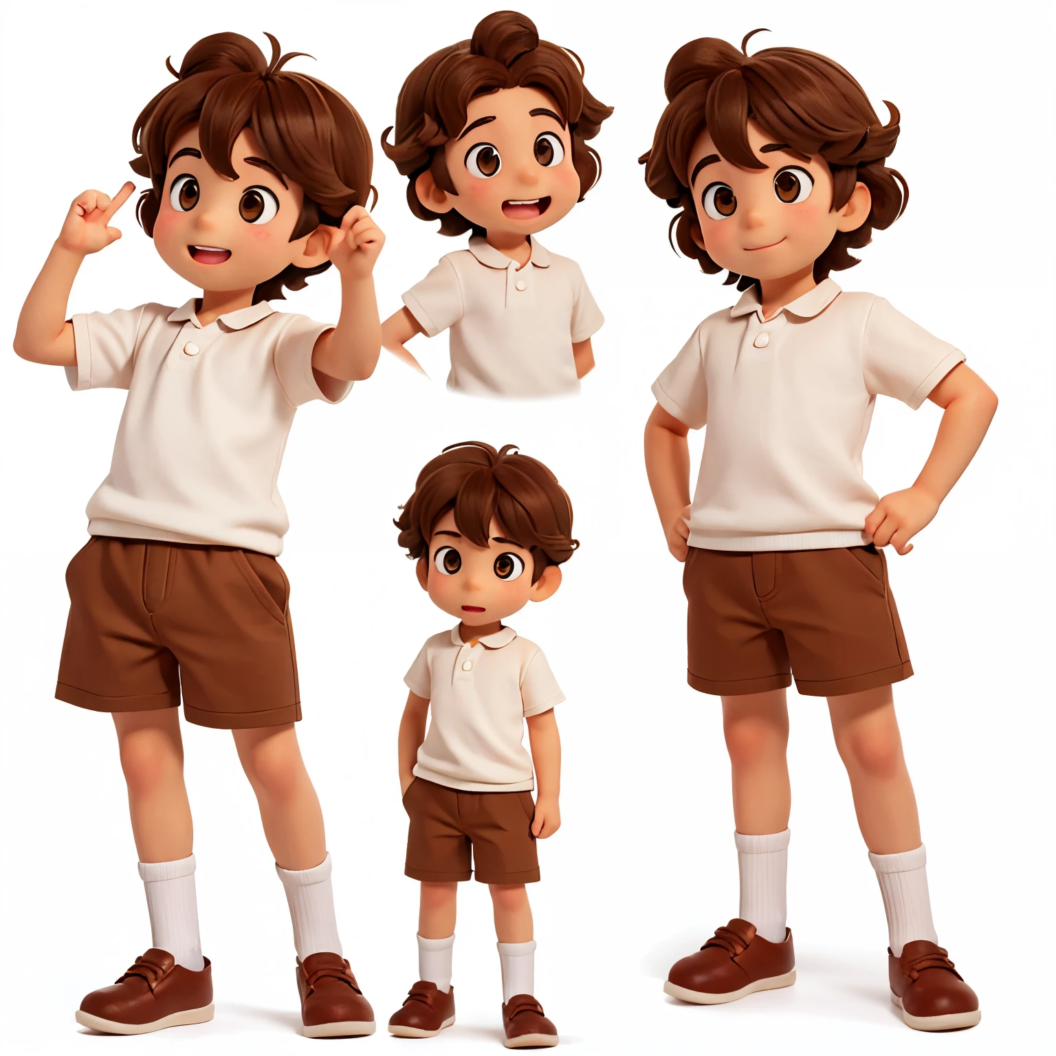 4 year old boy, multiple poses and expressions, white background, curly brown hair and bright brown eyes