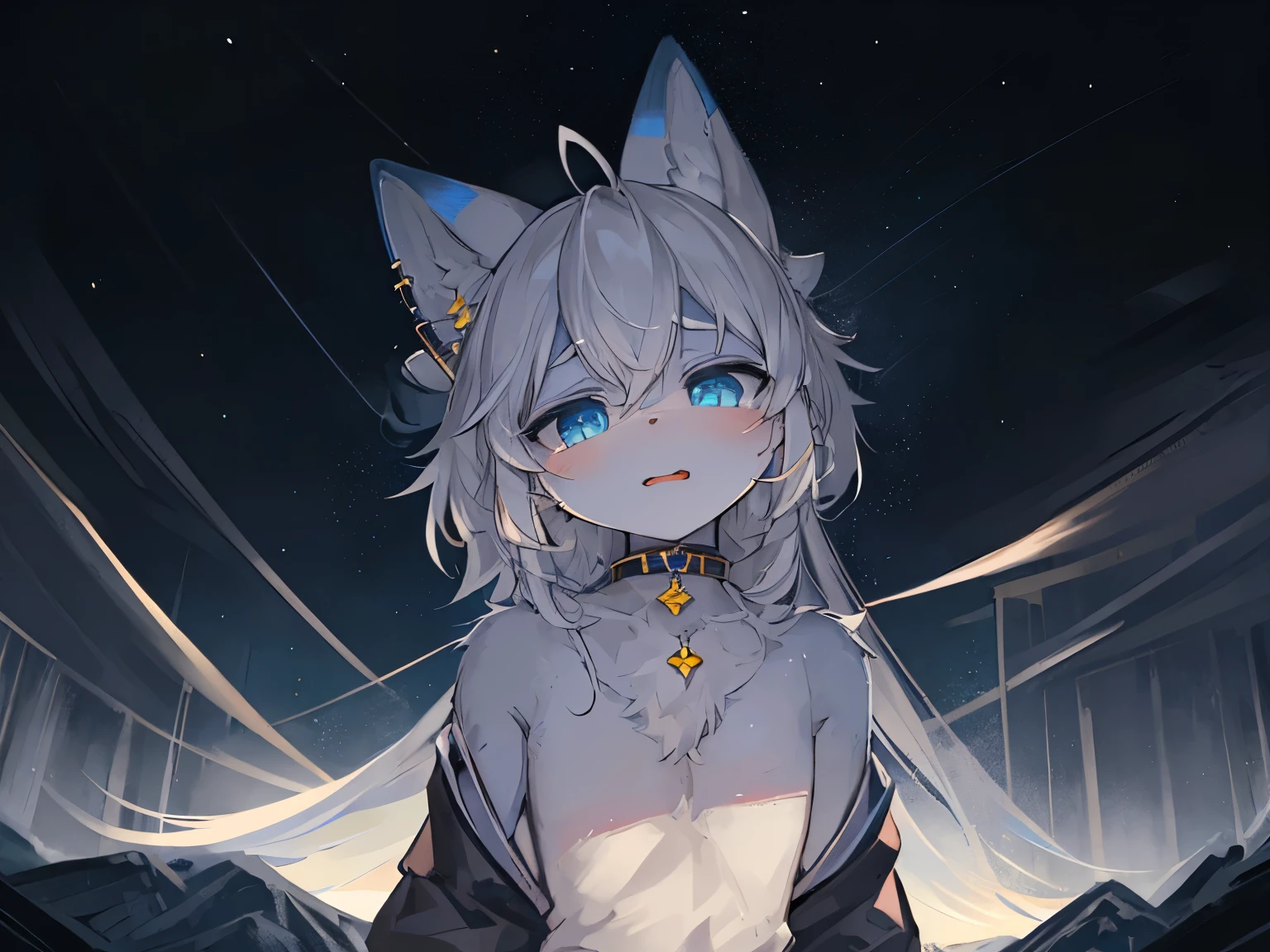 (Vibrant Eyeaster ttmasterpiece:1.3), (Interesting stuff:1.3), (Best quality:1.3), (ultra - detailed:1.3),(The best shadow:0.7), (Hair care), ( eBlue eyes:1.1), perfect anatomia, Alone, shaggy,white fox, starryskybackground, best anime 4k konachan wallpapers,, detailed digital anime art, (()), ((White hair,White hair,white clothes,employee)), ((adorable expression),shaggy,Long gray hair, eBlue eyes, glowing light eyes, snowfall, midynight, fox ear, blue ear, 狐狸end, Dark blue fox,,, collars, 两条end, space katana, , the body of the,The lower body is, Snow fox, peculiarity, ttmasterpiece, shaggy'end,九条end,girl,(Delicate face 1.3),a skirt,snowy mountain background,with her mouth open,extremely cute,blue flat paint,ear nipple ring,tattoo two, magia,precious stones,4K video,hyper HD, retinas, tmasterpiece, Acura, Anatomically correct, ctextured skin, high detal, super detailing, high high quality, Award-Awarded, Best quality at best, Expert perspective,16k