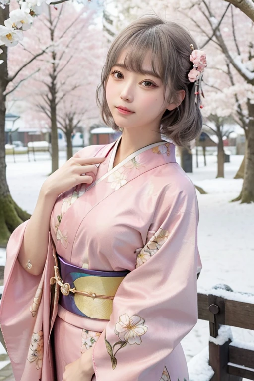 1girl,medium shot,Distant view,(full body),standing,looking at viewer,SONY 30 F/5.6,Wearing an ornament on the head,(kanzashi,Colorful kimono,Pink Kimono,Kimono with gorgeous and elegant designs,highest grade obi,Kimono of Kyo Yuzen,Kimono dyed by Kyotomo,Furisode,Floral pattern in Japanese style:1.5),January,There's a little snow left,Best Quality,4K,8K,hight resolution,masutepiece:1.2,Realistic,tre anatomically correct,Use natural light and color,Ultra-realistic capture, Highly detailed,人間の皮膚のhight resolution16kクローズアップ,Skin texture must be natural, Detailed enough to finely identify pores. Skin should look healthy,fine-grained white skin,(medium breasts),Sharp Focus,In a uniform tone,Ultra-detailed,extremely detailed eye and face,Beautiful detailed eyes,Beautiful detailed lips,long eyelashes,Photorealistic:1.37,japanes,beautiful and magnificent composition,masutepiece,Attractive,Cute,silky smooth hair,light smile,with round face,(Silver hair color),