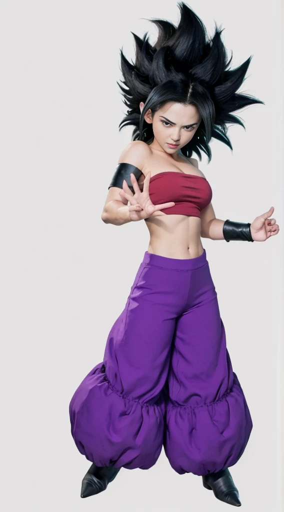 masterpiece, caulifla, black hair, spiked hair, black eyes, purple pants black footwear, tube top, bracer, from above, standing,