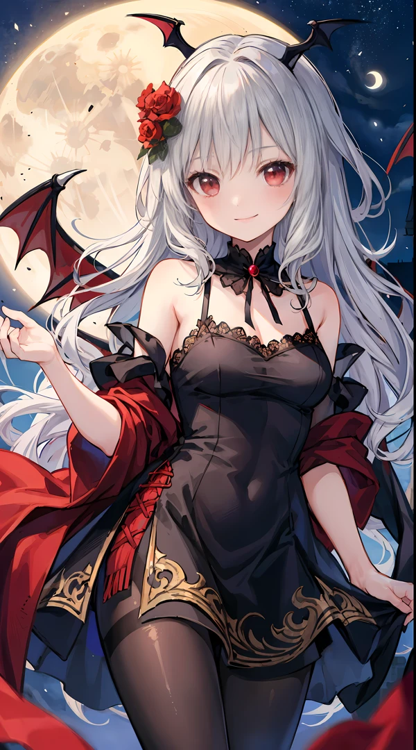 Gray curls、red eyes、A beautiful vampire girl、Red blush、Black dress、midynight、A smile、Western castles、a moon,Black silk pantyhose