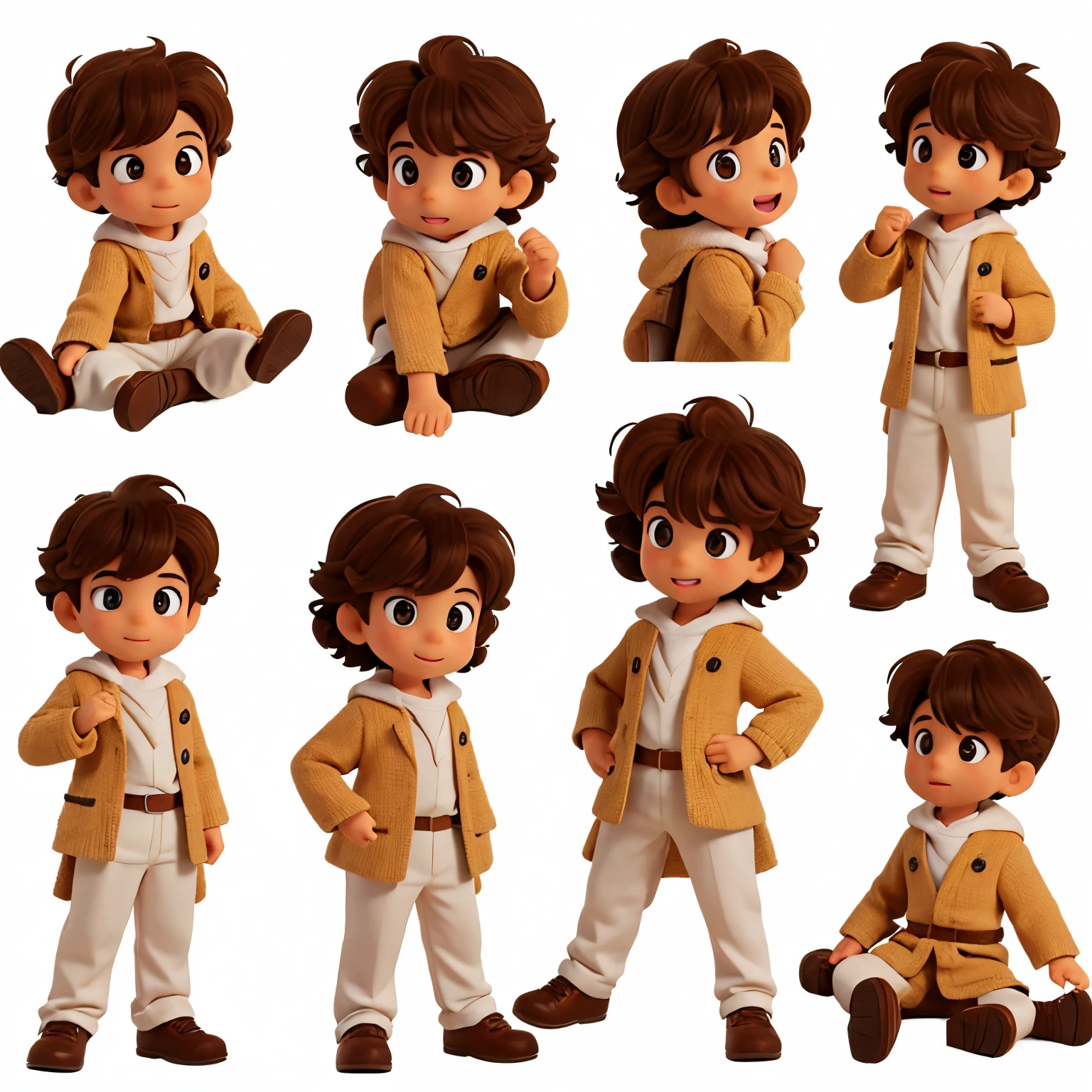 4 years boy, multiple poses and expressions, white background, curly brown hair and bright brown eyes
