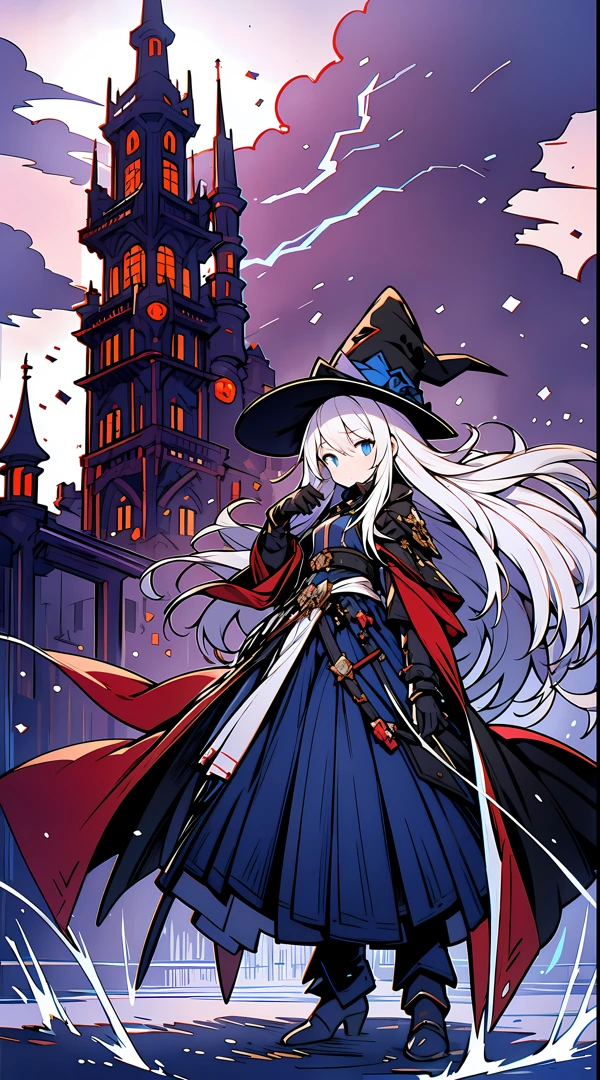 tmasterpiece, Best quality, GameCG, Ridiculous resources, HighDynamicRange, hyper HD, 8K, 1 girl, Alone, Very long hair, White hair, eBlue eyes, face expressionless, cow boy shooting, looking at viewert, Black castle background, Eternal, Black and blue magic robe, close your mouth, longer sleeves, flatchest, Wizard's Hat, employee, Black trim, holding employee, hair straight, Black handguards, Cold attitude, Blue energy, dark energy, Blue fog, themoon, cloud, overcast sky, salama, safe, pale-skinned