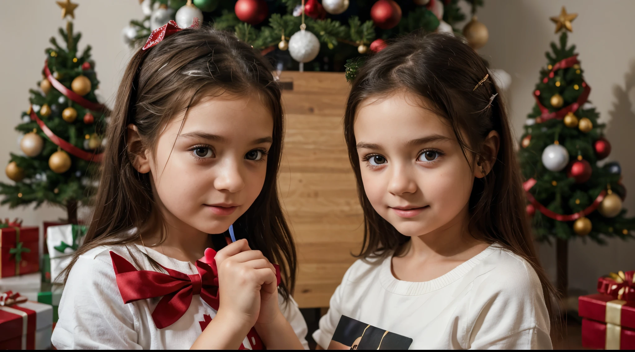 Araffed girl holding a gift in front of a Christmas tree, giving Gifts to people, presents, adorable digital painting, Holding a Gift, Gifts, A hyper-realistic, Fan art, cutest, wonderful, Digital Art. photorealestic, ultra realistis, Small, High Quality Portrait, wojtek fus, childrens art in artstation, realistic image