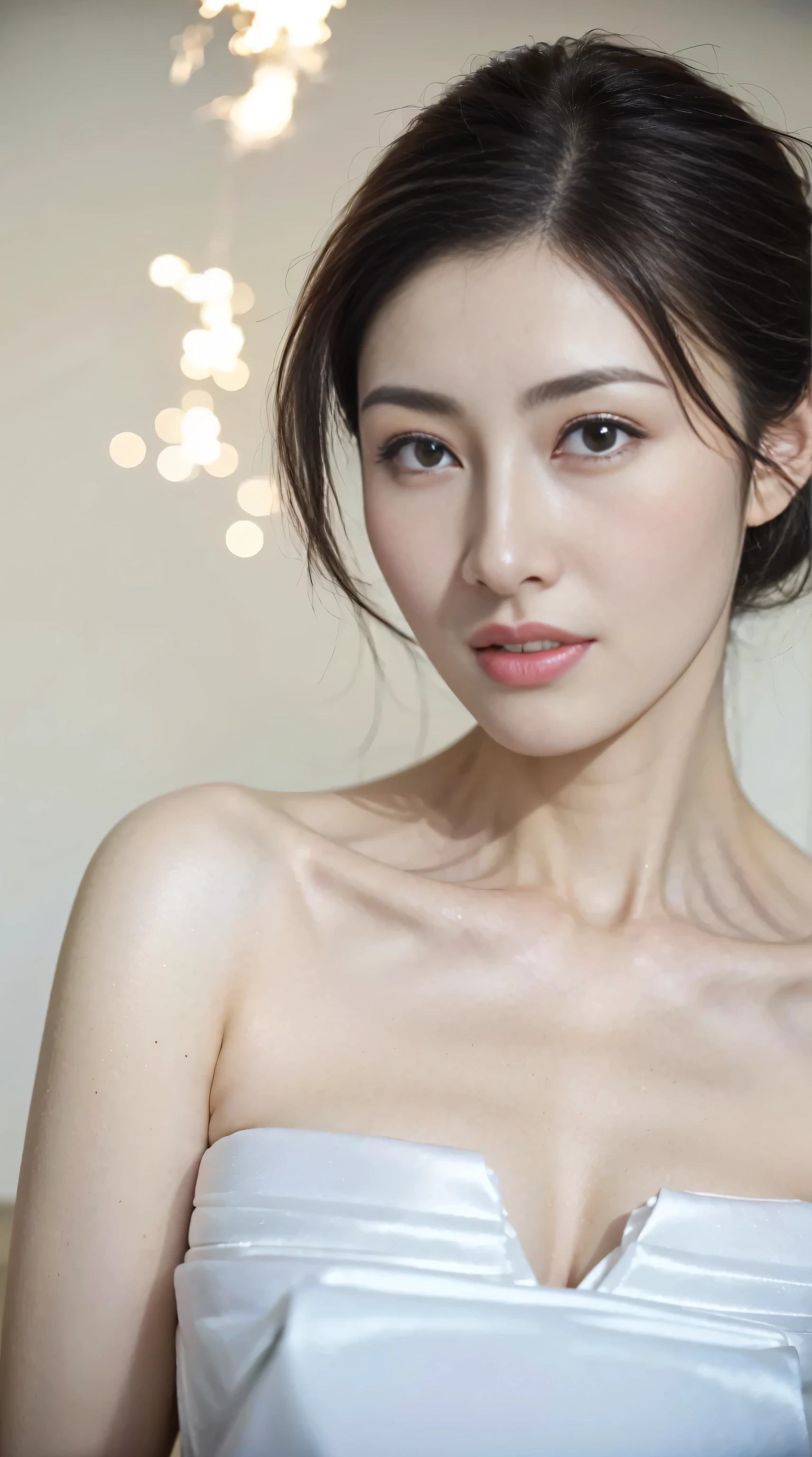 1 Lady, updo-hairstyle, (Ultra actual, A high resolution), (highly details eye, Highly fine hair, The face is very detailed, Highly detailed plump lips), (cropped shoulders、Lie flat, upper part of body, Cautious smile, (Best quality:1.4), RAW photos, (actual, photo-actual:1.37), professional photoshooting, 电影灯光, (delicated face: 1.2),