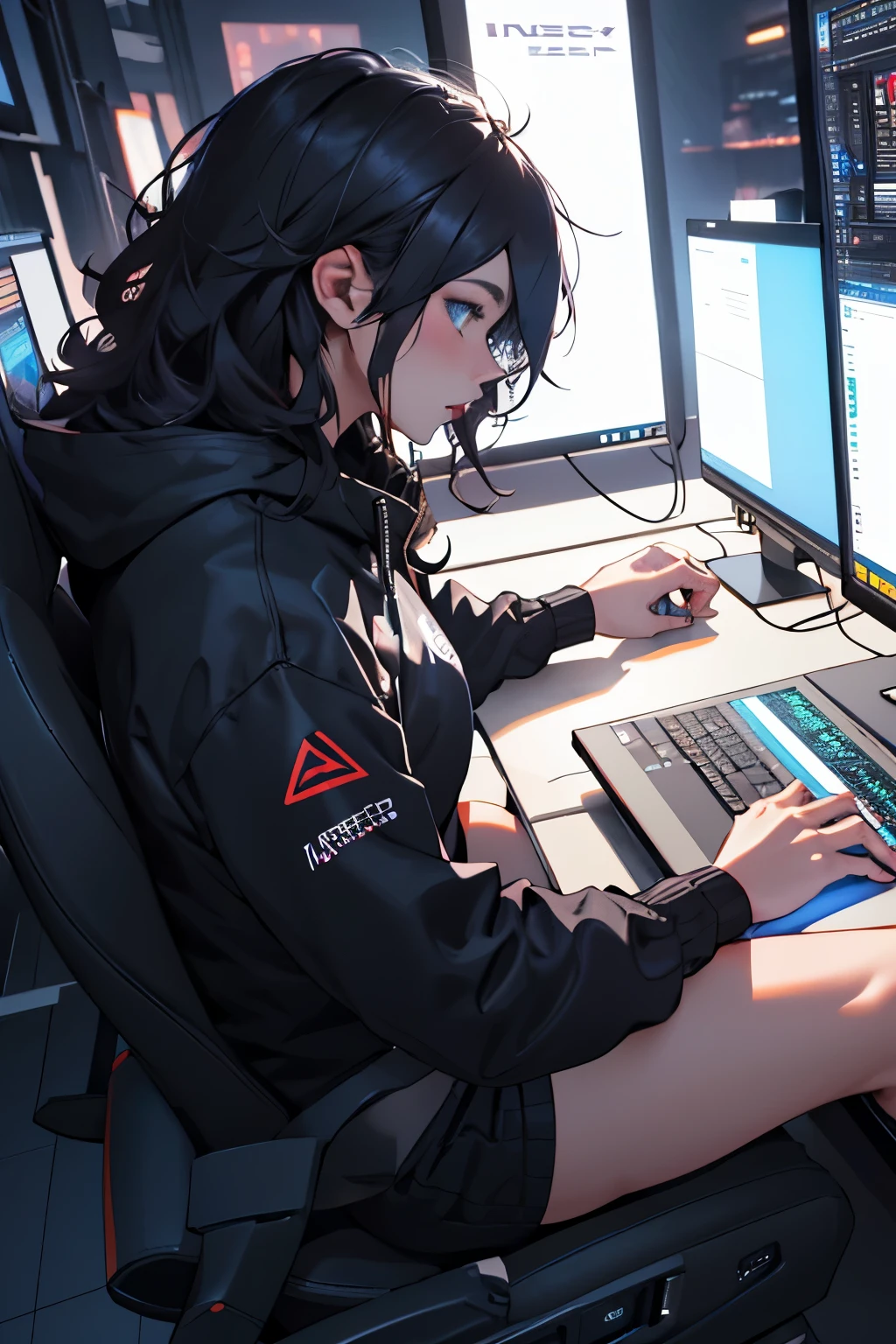 Cyberpunk HD 8k .3D, Beautiful thick-haired hacker woman operating computer terminal, PC desktop , Crawl like a cat, high angle camera view, Pay attention to the SLR effect,Millennial girl、pretty eyes