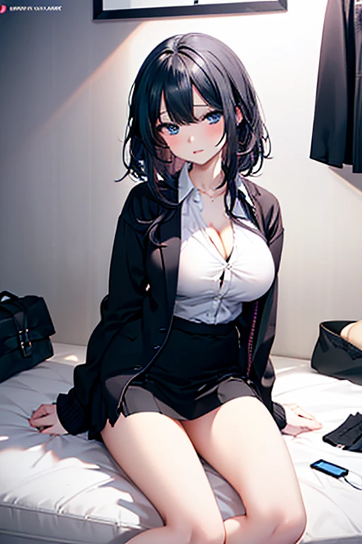1girl, large breasts,sexy, underwear, bra, skirt, pencil_skirt, cleavage, black_hair, blue_eyes, looking_at_viewer, blush, miniskirt, indoors, open_clothes, black_skirt,(white_bra),shirt, undressing,cum in pussy, breast milk, bed,