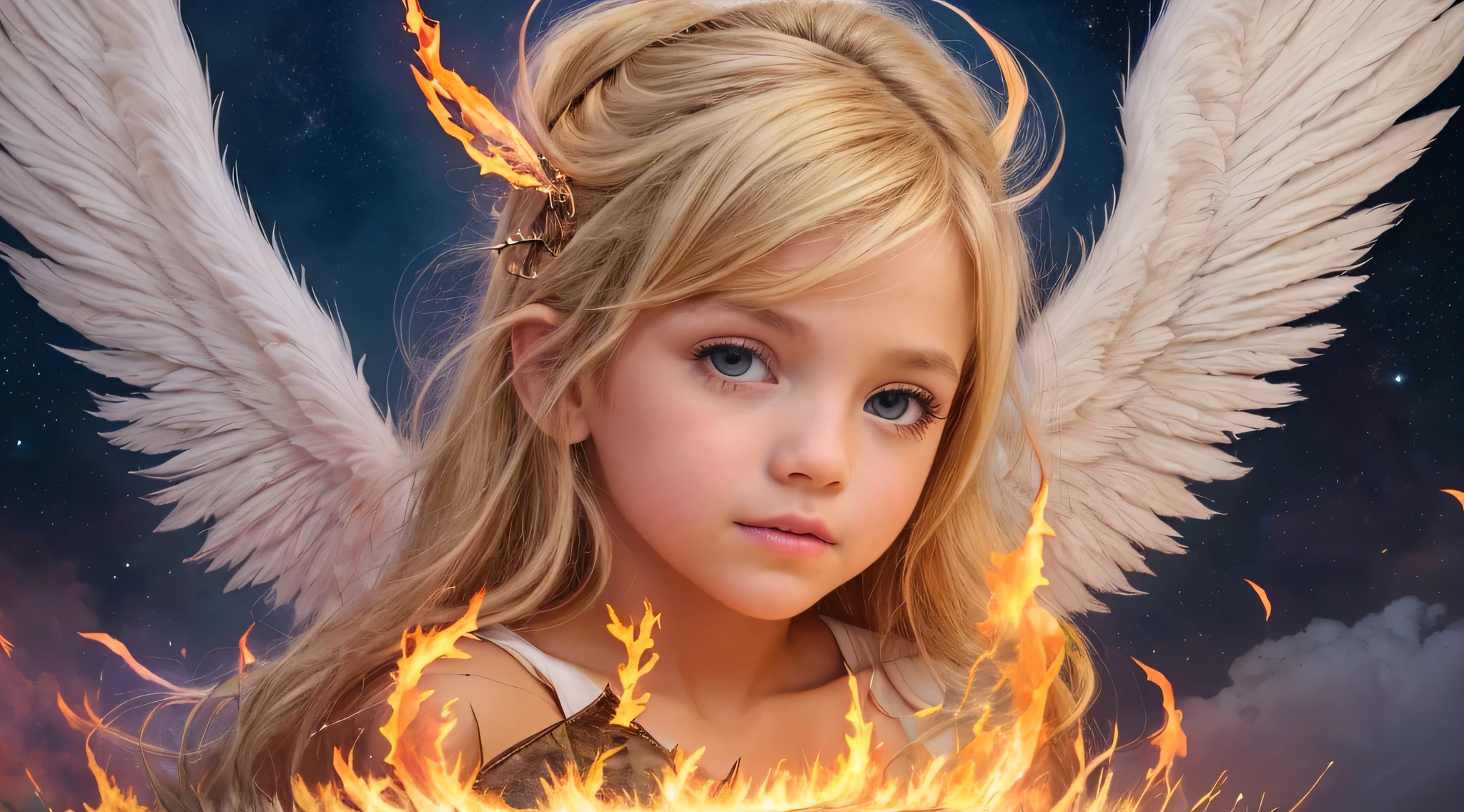 best quality, 4k, (foco nítido: 1.1), Detalhe realista,  angel with blonde hair, fantasia, fantasia portrait, fire, (wings made of fire: 1.3), ouro gravado, halo made of fire, night sky,