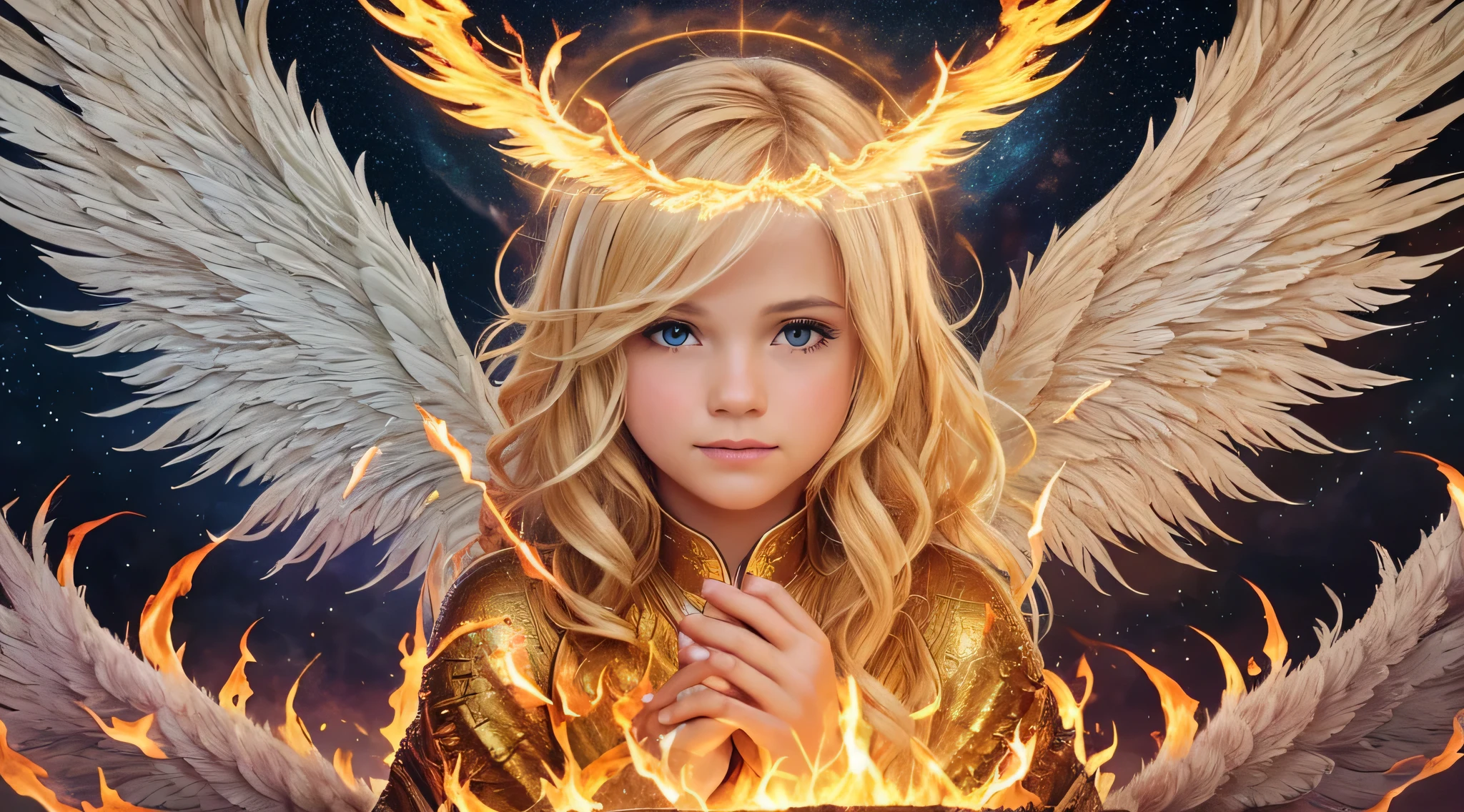 best quality, 4k, (foco nítido: 1.1), Detalhe realista, child angel with blonde hair, fantasia, fantasia portrait, fire, (wings made of fire: 1.3), ouro gravado, halo made of fire, night sky,