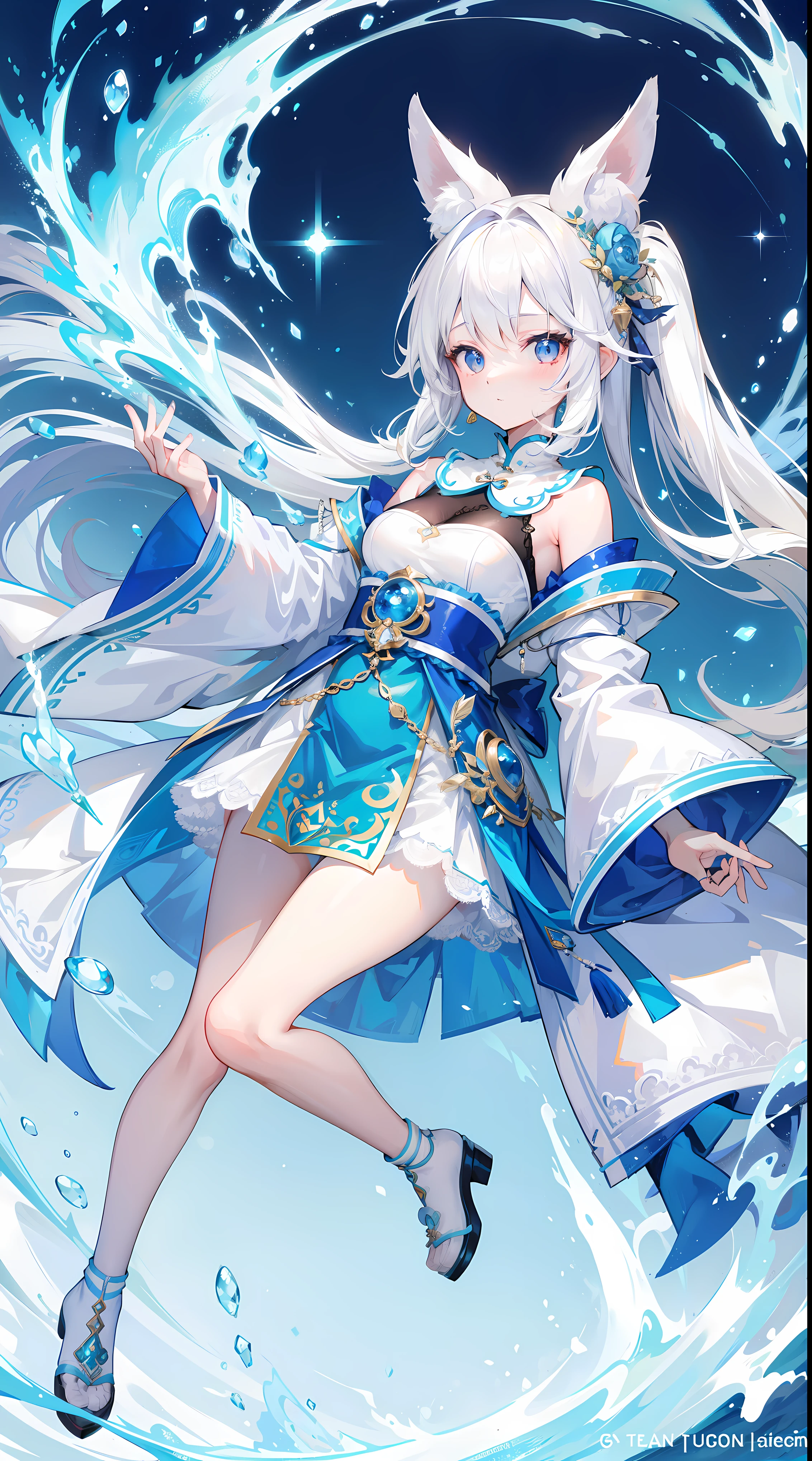 Creamy white hair，Fuzzy clothes，Mao Pipa，blue and white colour scheme，Cute as a Jade Rabbit Elf，Precision and flexibility，Beautiful appearance，This is a very cute girl