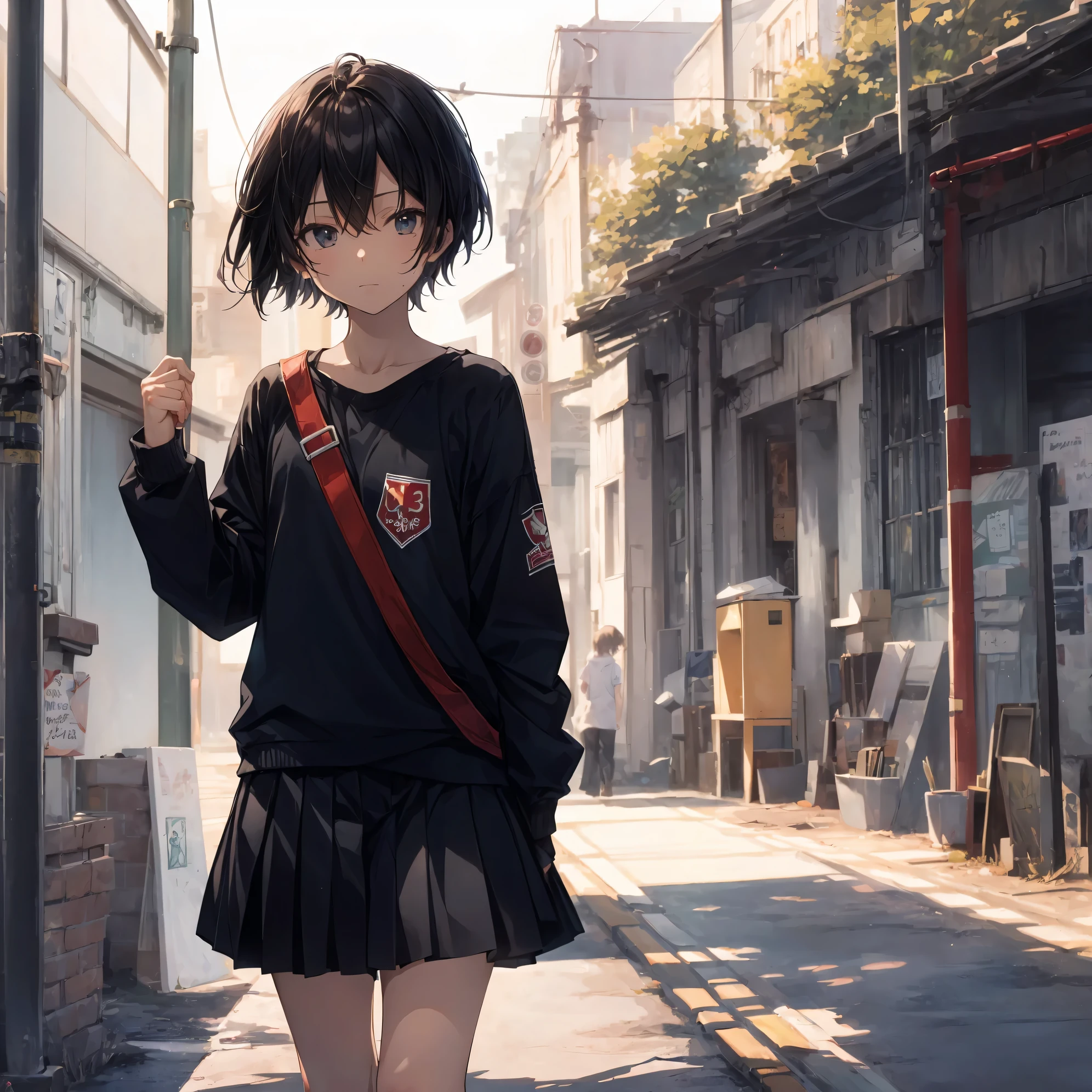 Super high quality by the art god, Ultra-detailed, High resolution, Shinkai Makoto style, anime moe art style, best anime 8K konachan wallpaper, Pixiv Contest Winner, Perfect Anatomy, BREAK,(Please draw a sleepy girl going to school alone.. ),BREAK, a hyperrealistic schoolgirl, (Solo,Lori,child,13years:1.3),Full limbs, complete fingers,a junior high school student, Androgynous attraction, (extra very short hair), hair messy, flat and soft chest, Small butt, groin, Small eyes,Beautiful detailed black eyes, Well-proportioned iris and pupils, disgusted eye, High resolution detailed hair, School uniform, Skirt,  On the way to school. BREAK,Ultra-detailed細なスキン, Best lighting by famous artists, 8K, Illustration,