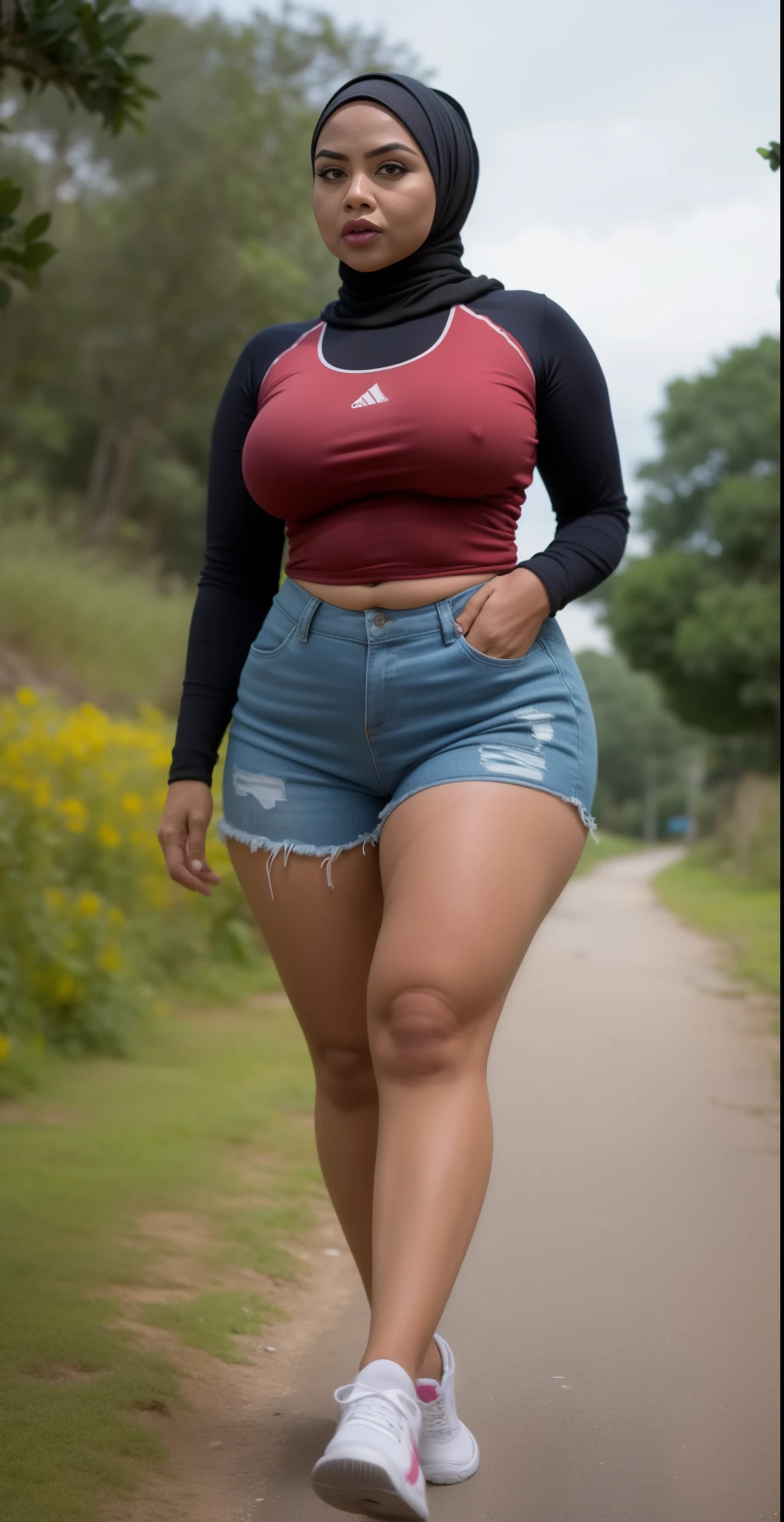((HIJAB MALAY GIRL)), ((BBW)), SHORTS, HUGE WIDE BUTT, WIDE BUTT, 63 YEAR OLD METURE women's, METURE women's, (ROSE LIPS), (ADIDAS SNEAKERS), (TIGH SKIRT), walking in style on a Village river, (ANGRY FACE EXPRESSION), TRANSPARENT, STAYING, THICK FOG. FOGGING,